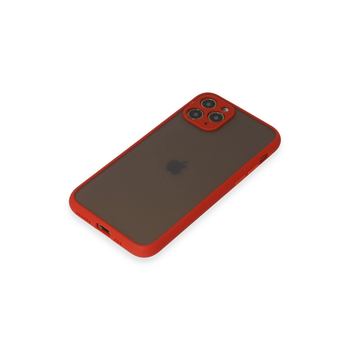 Kırmızı kılıf, kahverengi yarı saydam arka yüzü, iPhone logosu, üç kamera.