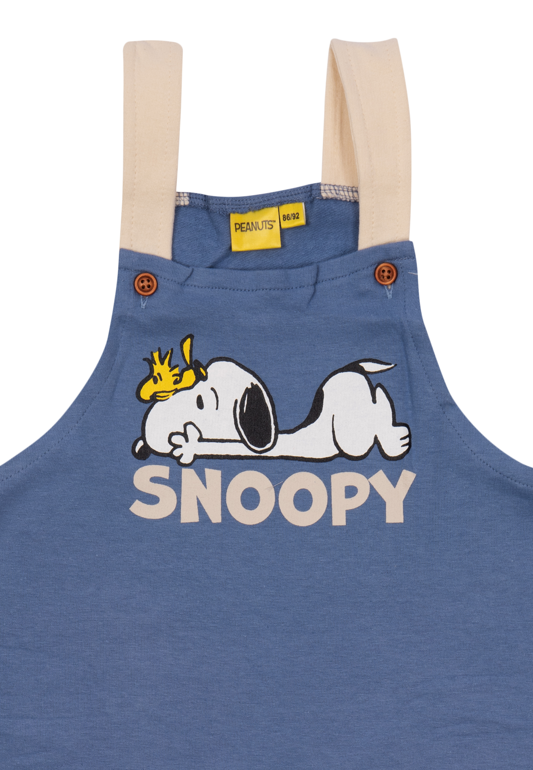 Blauer Latzanzug mit Snoopy-Aufdruck und Woodstock, beige Träger.