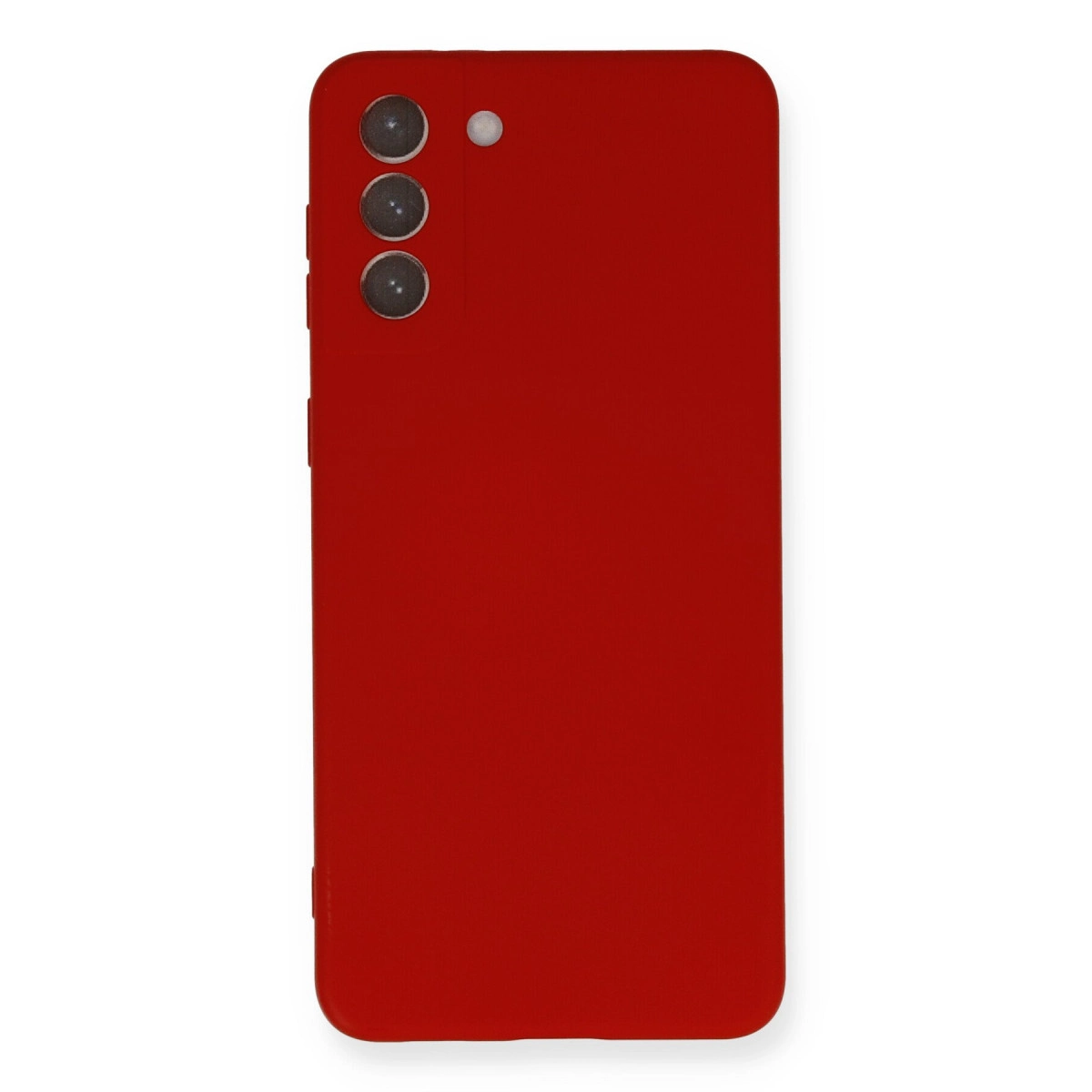 Sol üstte üç kamera lensli kırmızı telefon kılıfı.