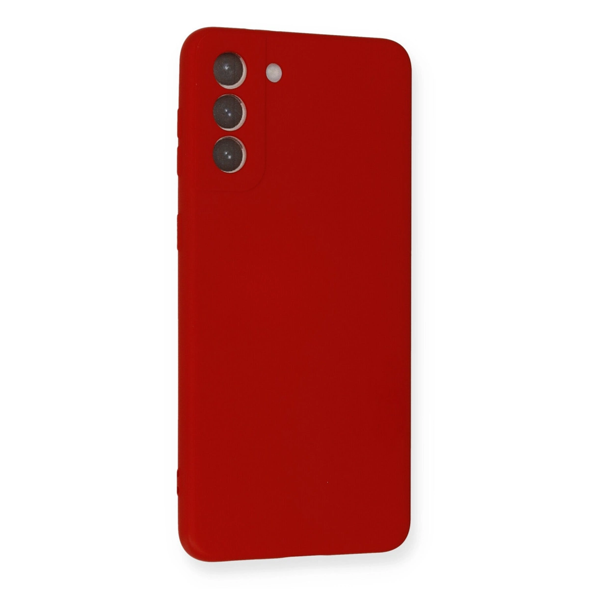 Üç kamera lensli ve flaşlı kırmızı telefon kılıfı.