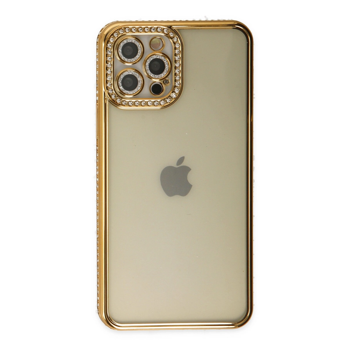 Üç kameralı, taşlı altın rengi iPhone kılıfı.