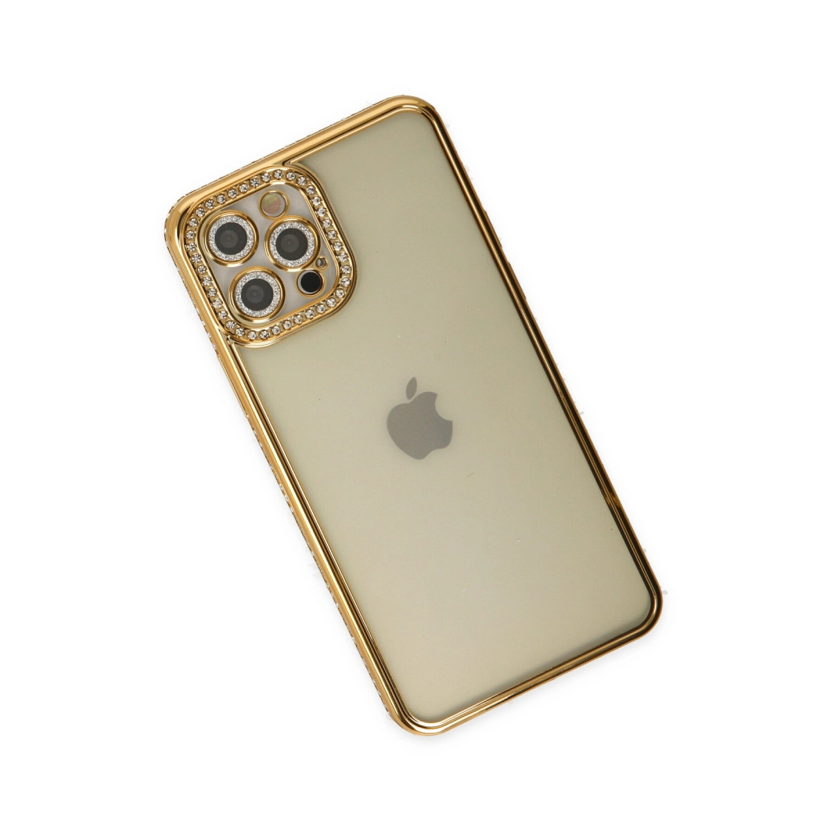 Kamerası etrafında taşlar ve şeffaf arkası olan altın iPhone kılıfı.
