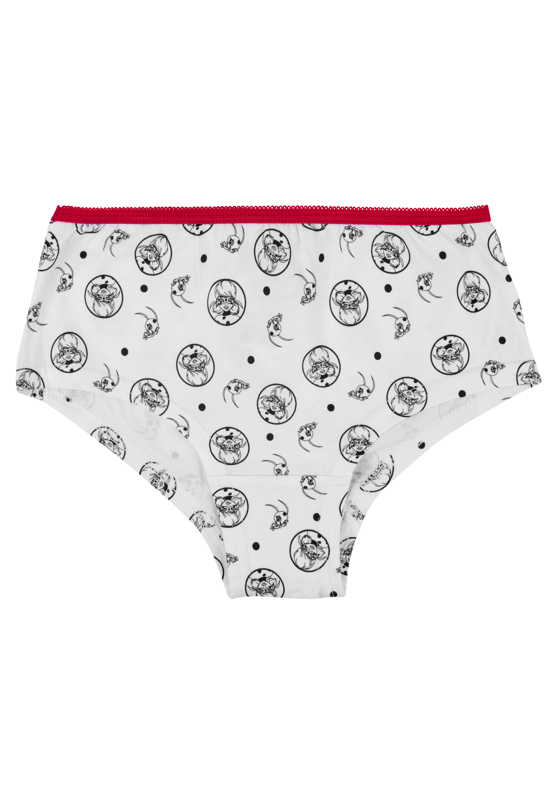 Weiße Unterwäsche mit schwarzem Aufdruck von Ladybug und Tikki, roter Rand.