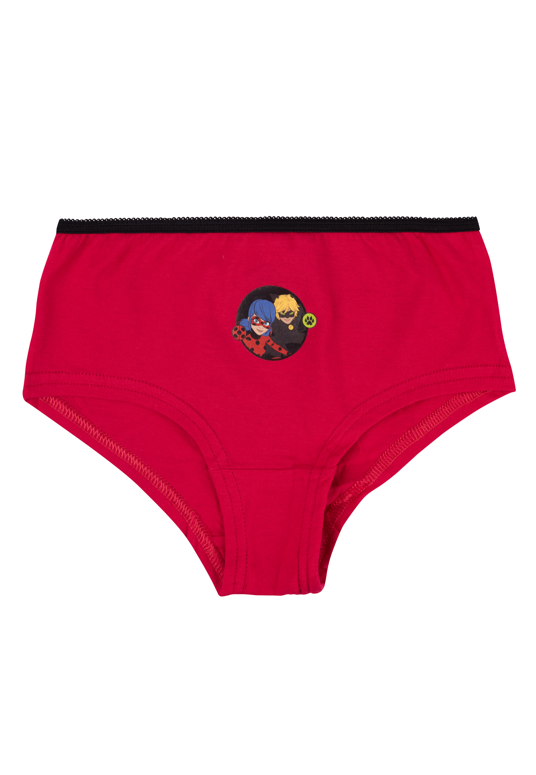 Rote Unterhose mit Ladybug und Cat Noir Aufdruck und schwarzem Spitzenbund.