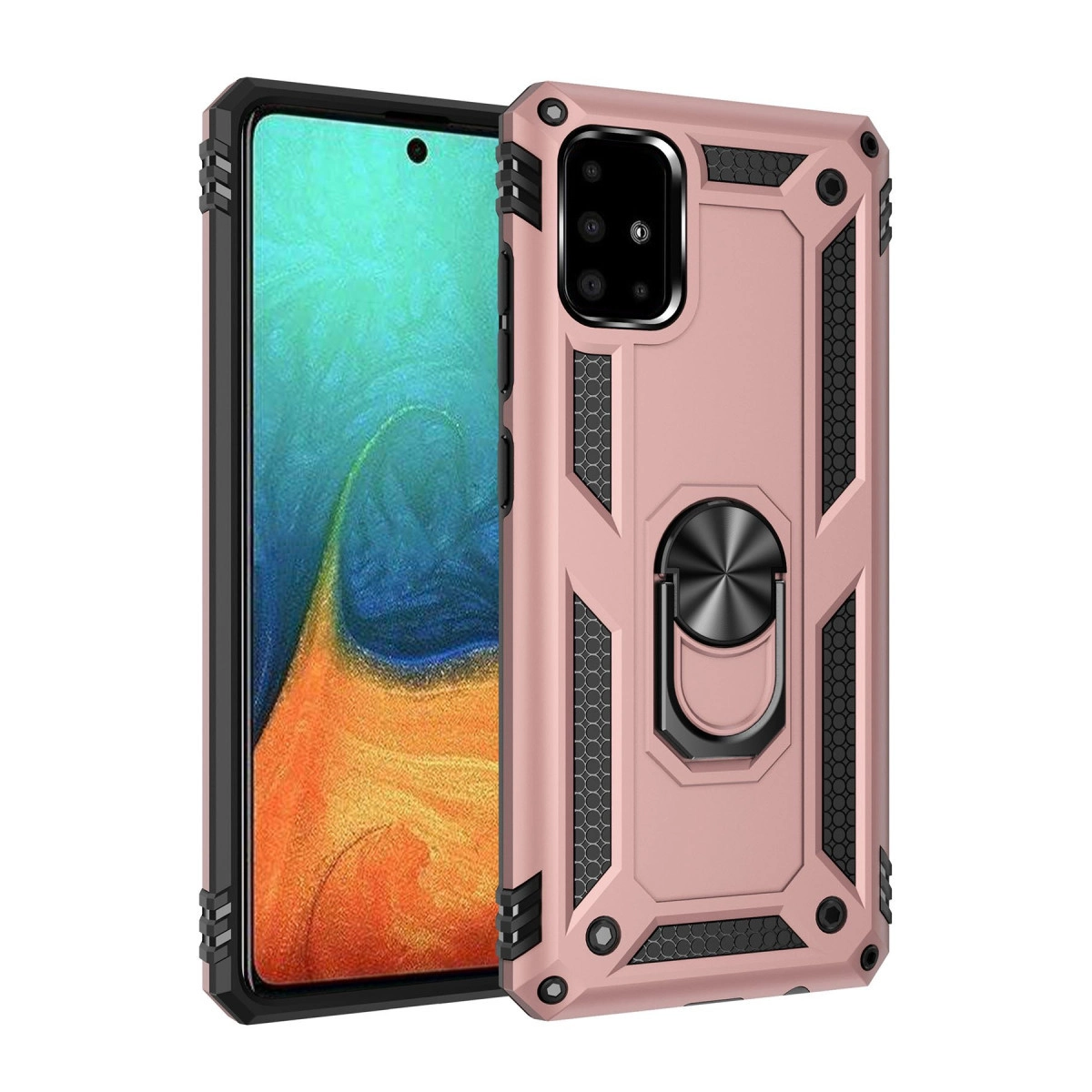 Bir telefonda halka stantlı gül altın rengi telefon kılıfı gösteriliyor.