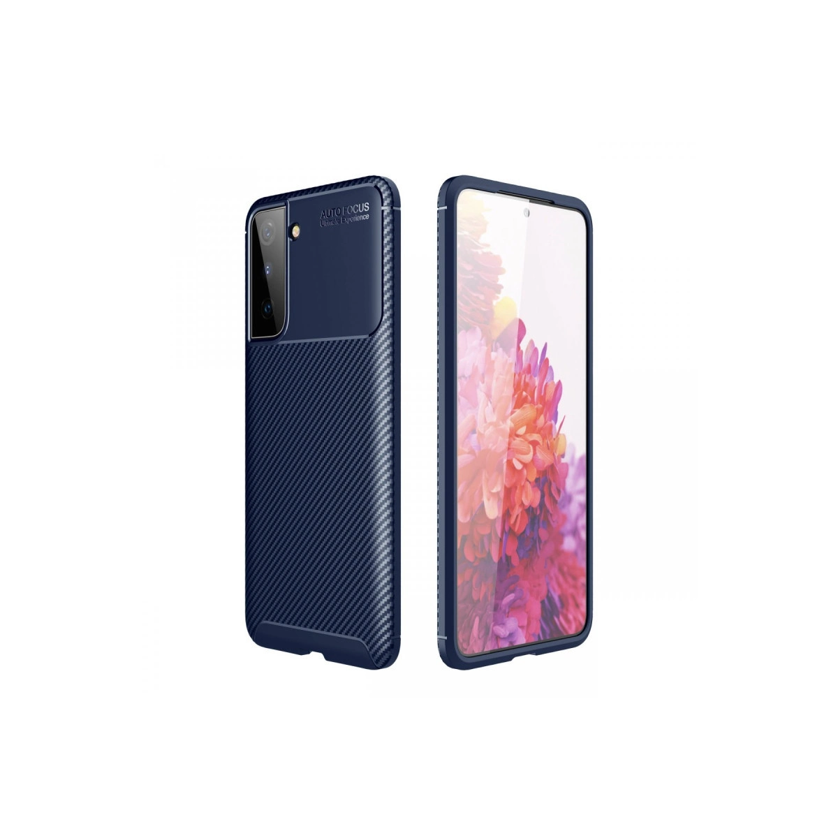Karbon desenli kılıflı lacivert telefon ve renkli ekran duvar kağıtlı akıllı telefon.