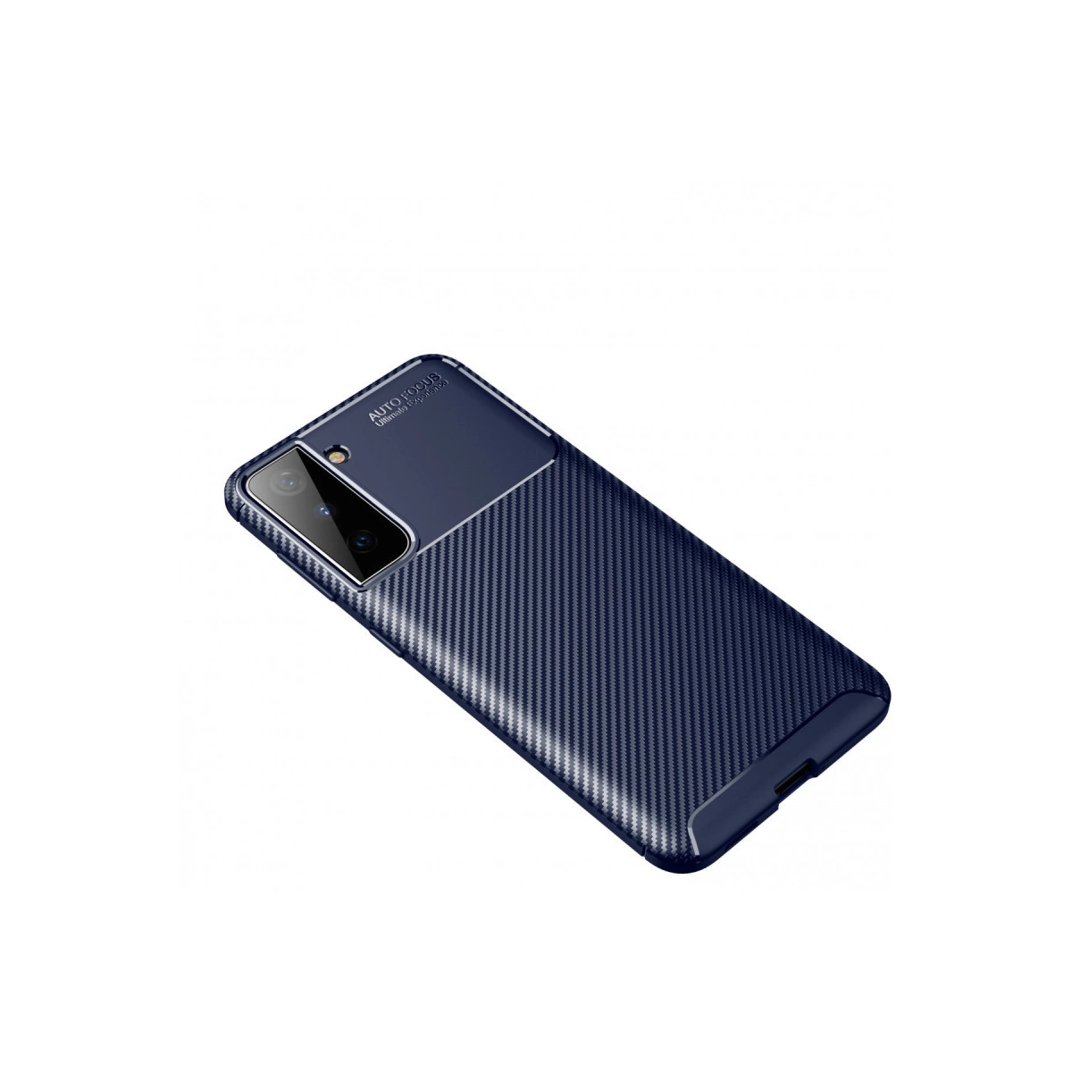 Karbon desenli ve kamera modüllü lacivert telefon kılıfı.