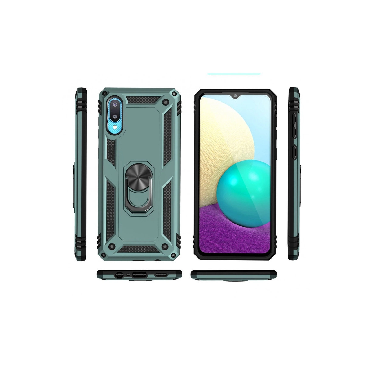 Halka tutuculu nane yeşili telefon kılıfı ve vitrindeki bir telefon.