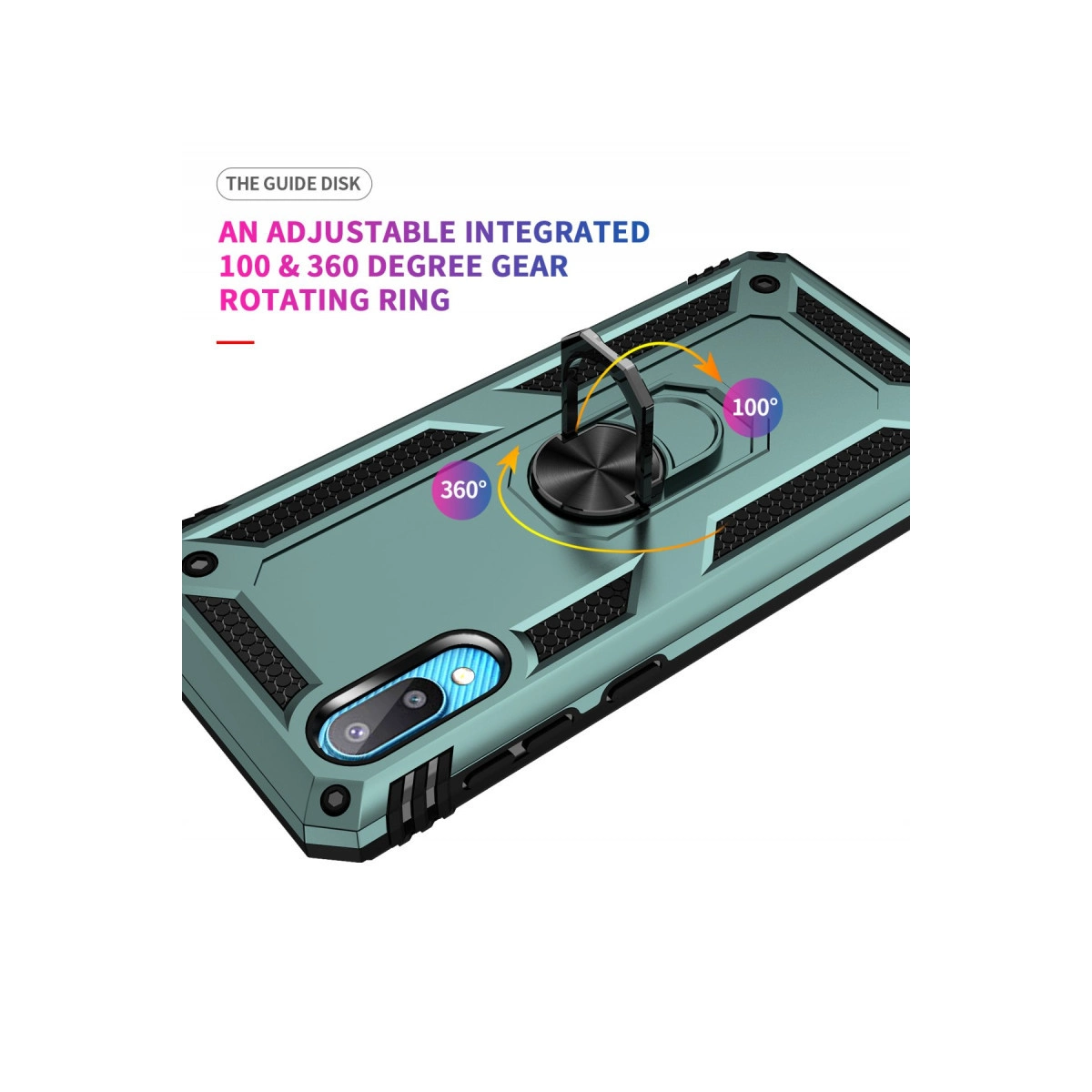 Entegre halka tutuculu yeşil telefon kılıfı, 100° ve 360° ayarlanabilir.