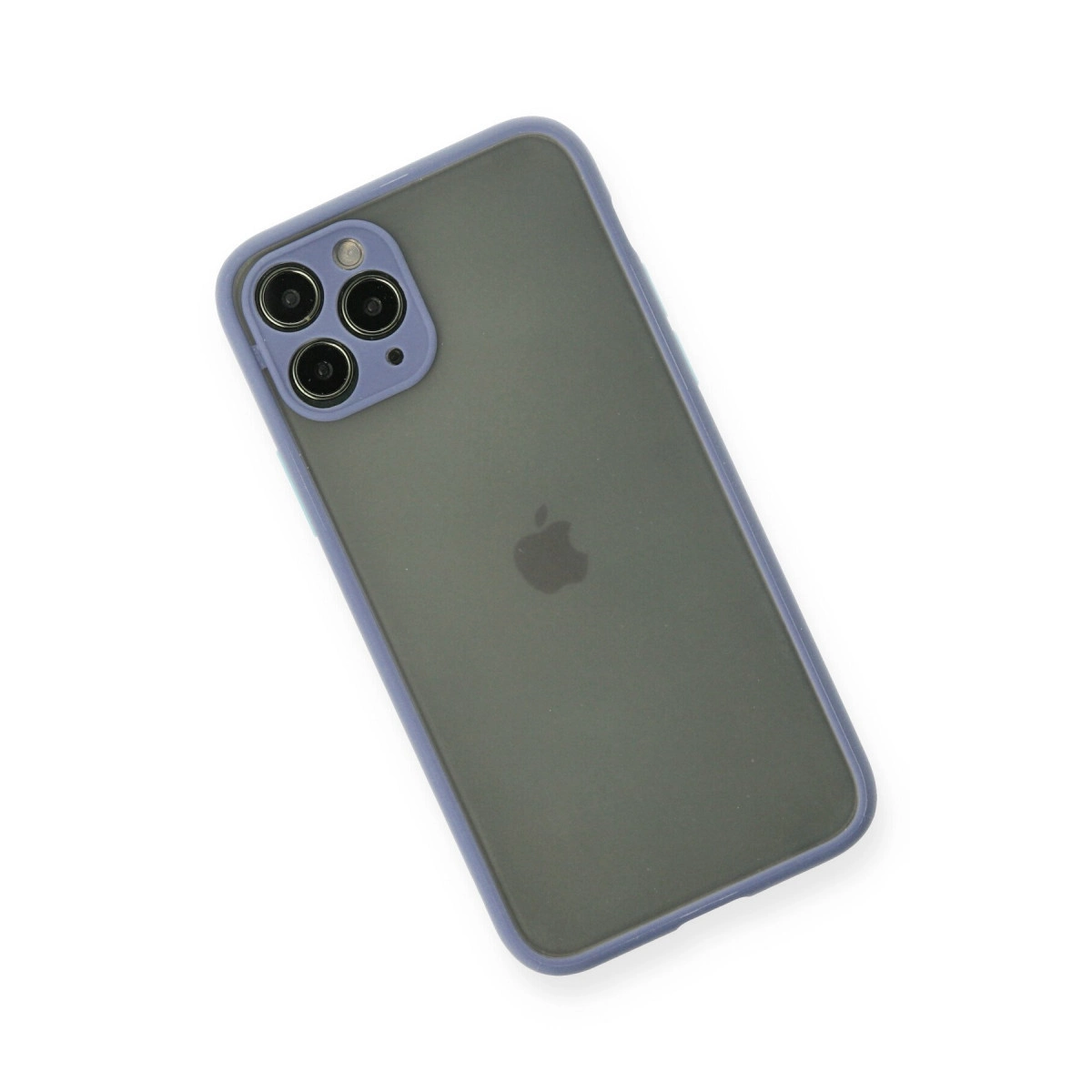 Mavi kılıflı, üç kameralı koyu gri iPhone.
