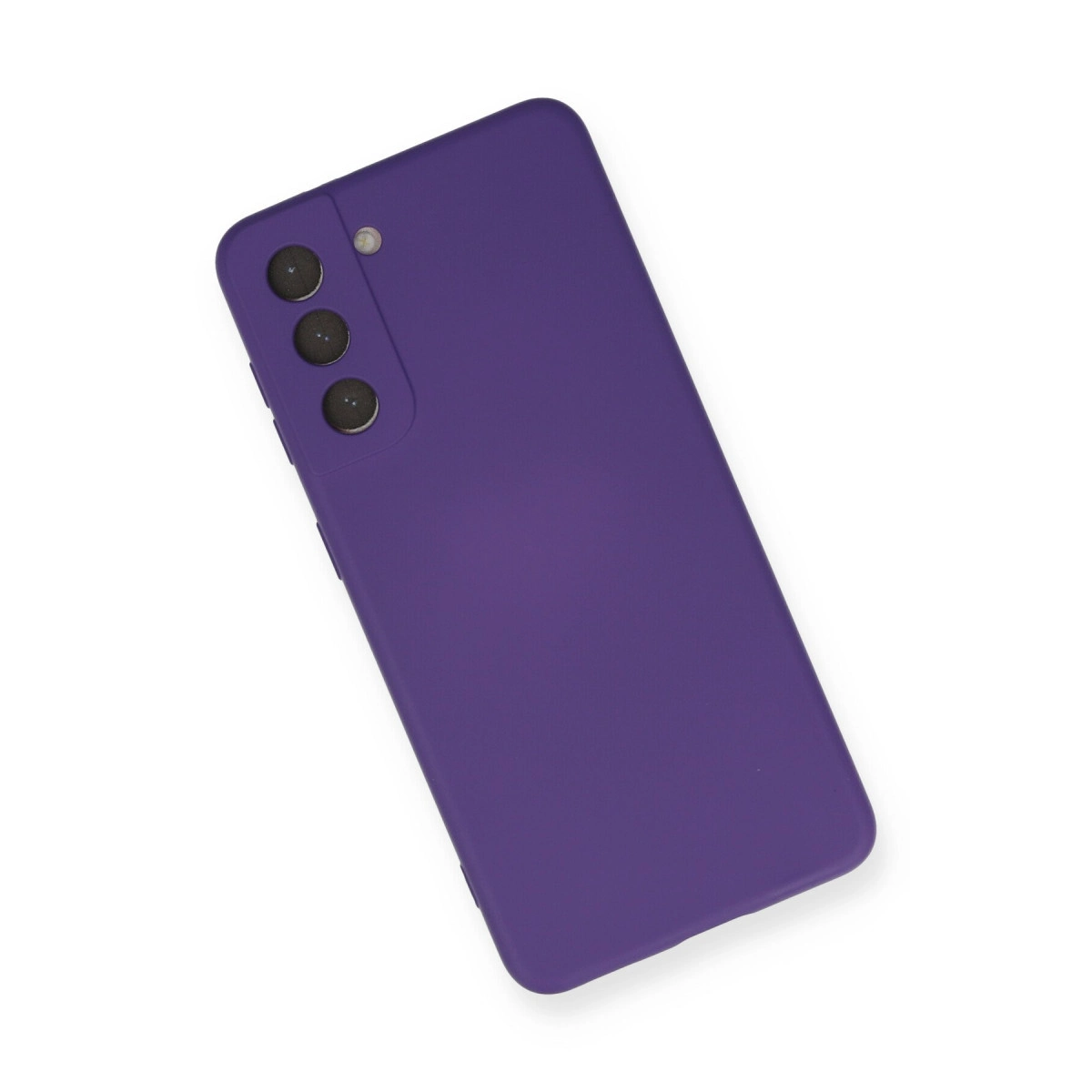 Üç kamera lensli ve flaşlı mor telefon kılıfı.