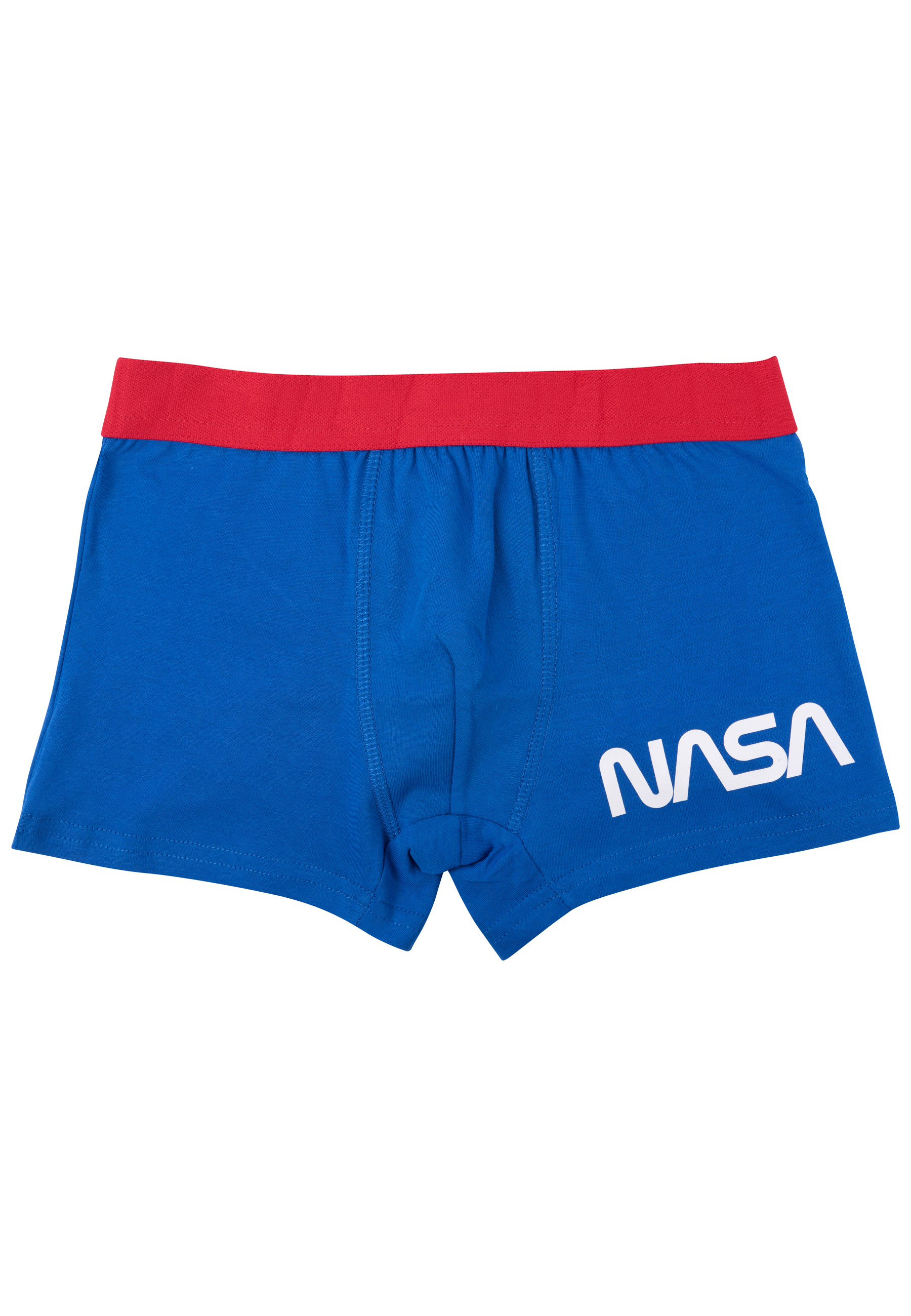 Blaue Boxershorts mit rotem Bund und weißem NASA-Logo.