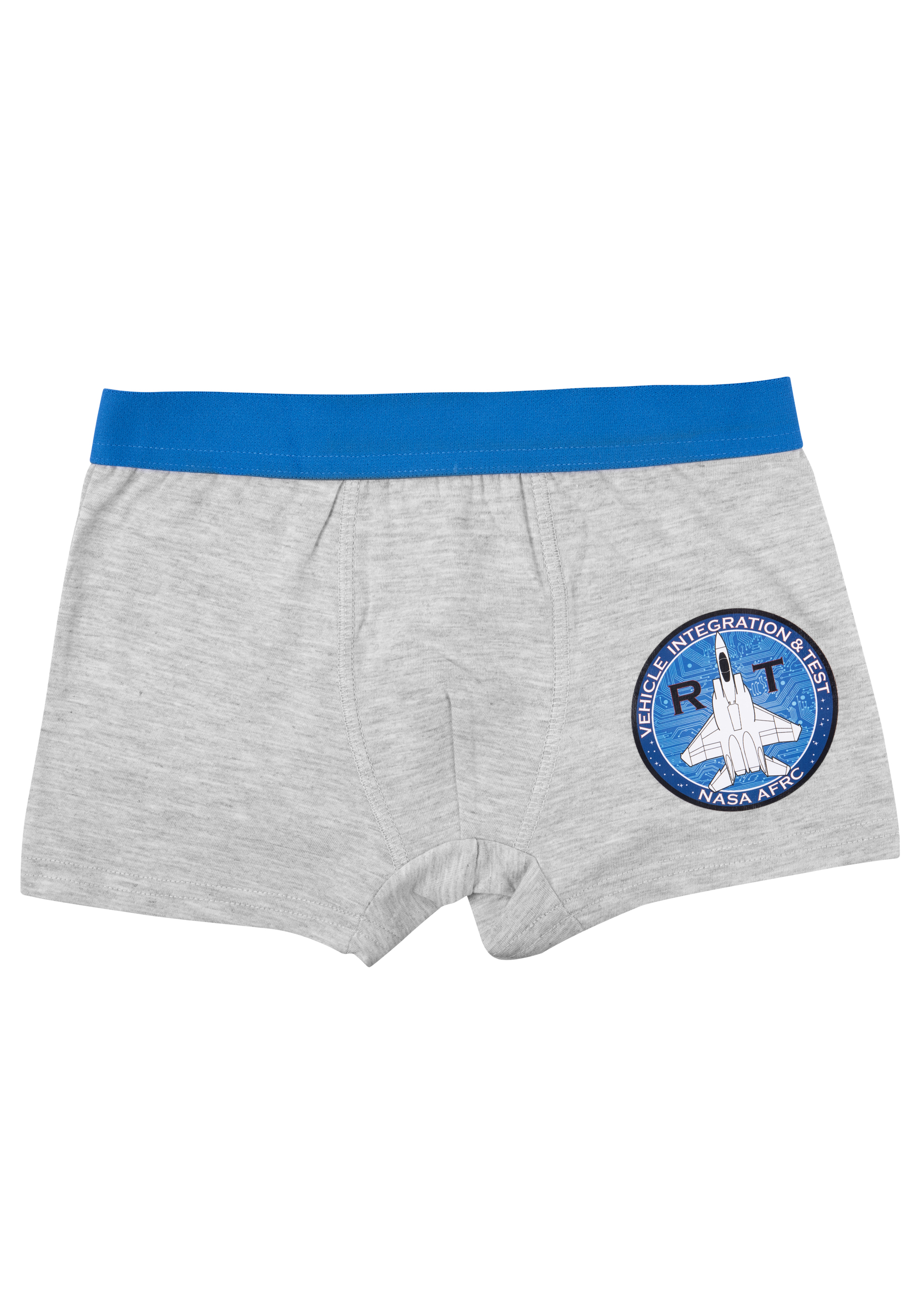 Graue Boxershorts mit blauem Bund und NASA-Abzeichen mit einem Jet.