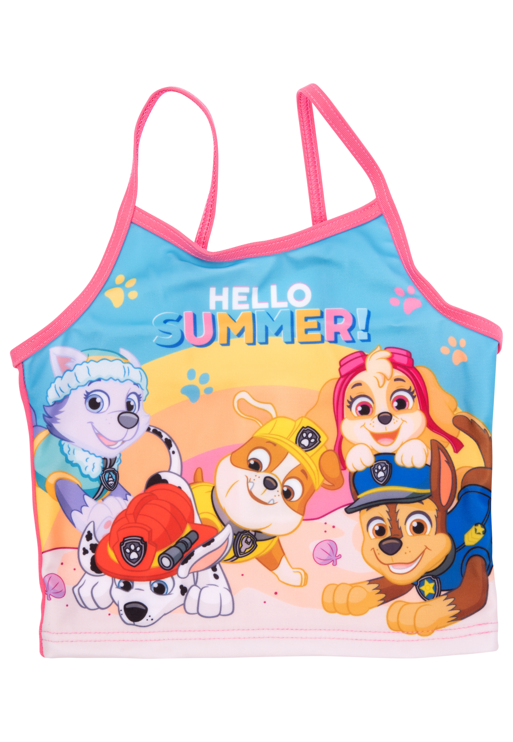 Paw Patrol Hunde auf einem blauen Badeanzug mit rosa Rändern. Hello Summer!