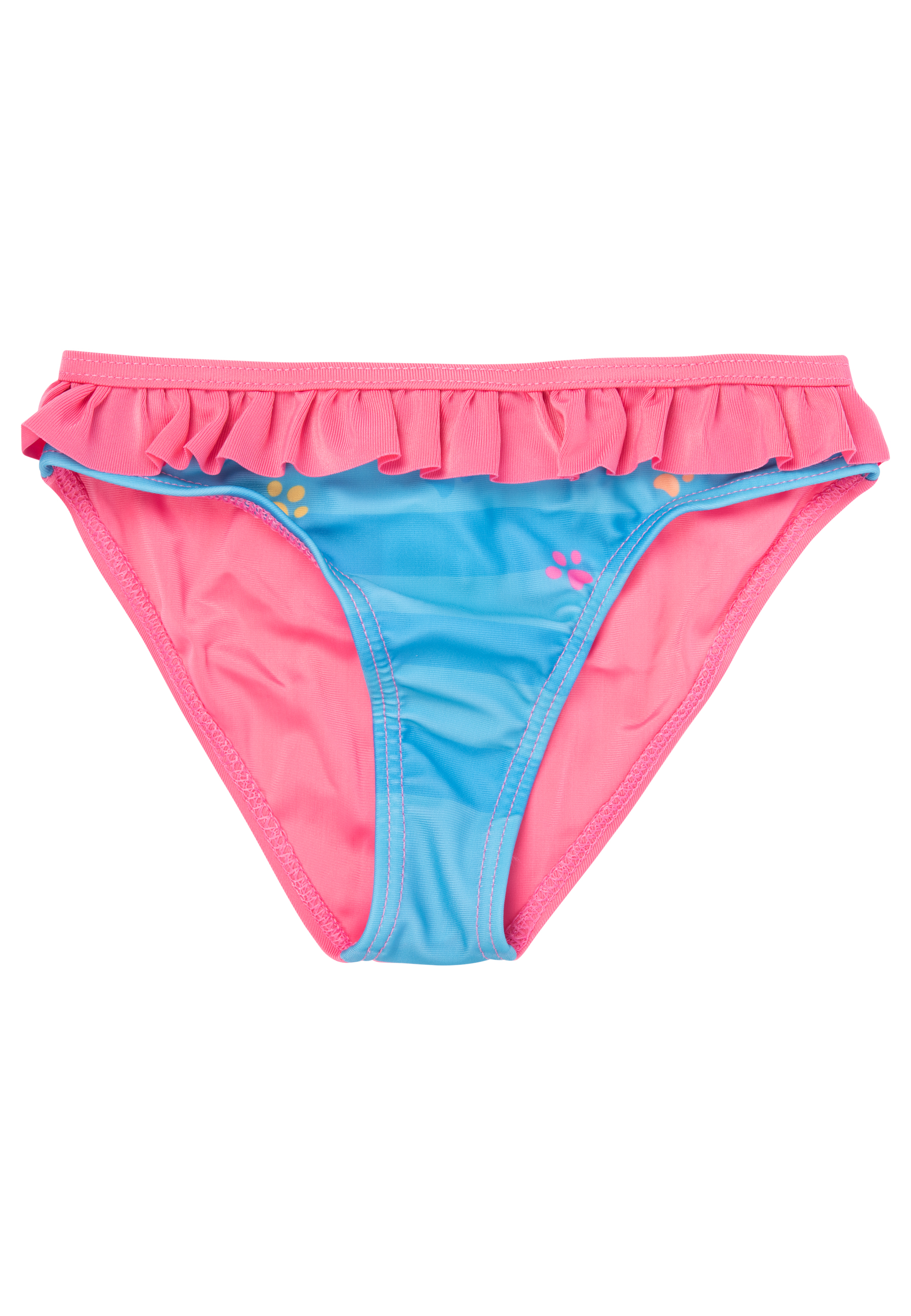 Blauer Bikini-Slip mit rosa Rüschenbund und Tatzenmuster.