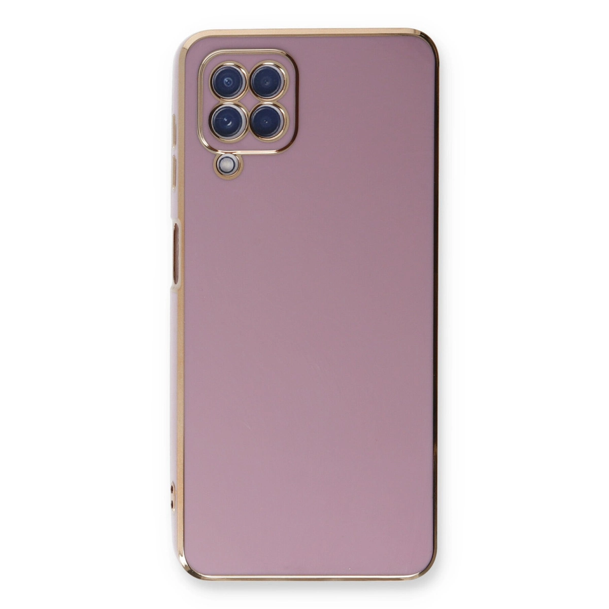 Dört kameralı, altın kenarlı pembe telefon kılıfı.