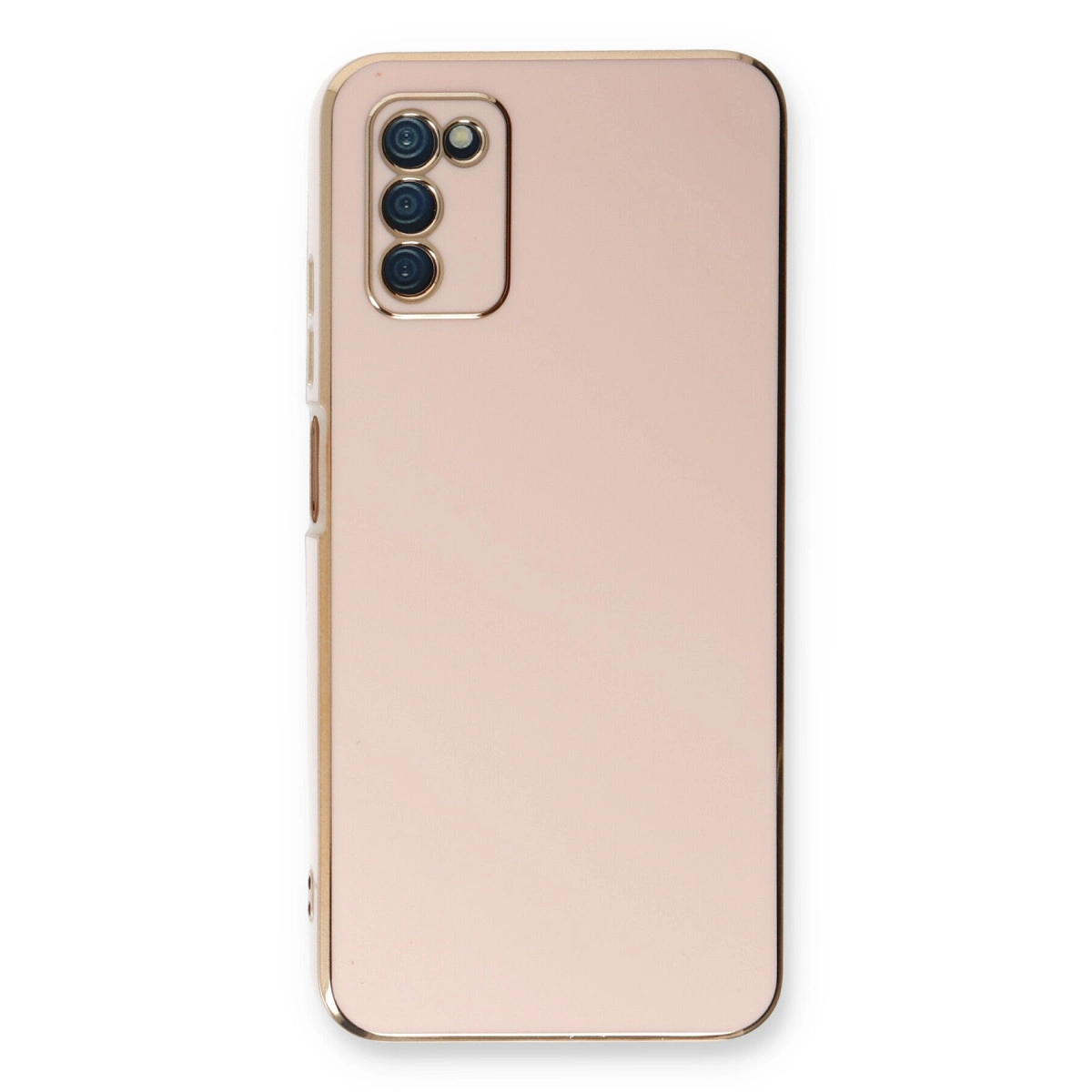 Üç kamera lensli ve parlak metal kenarlı, rose gold telefon kılıfı.