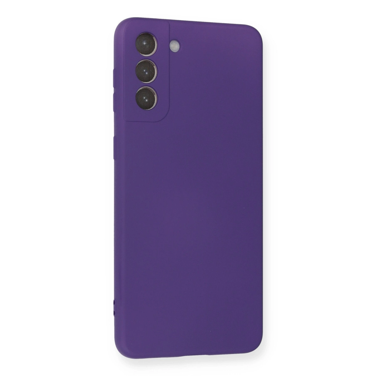 Arkada üç kamera lensi ve flaşa sahip mor telefon kılıfı.