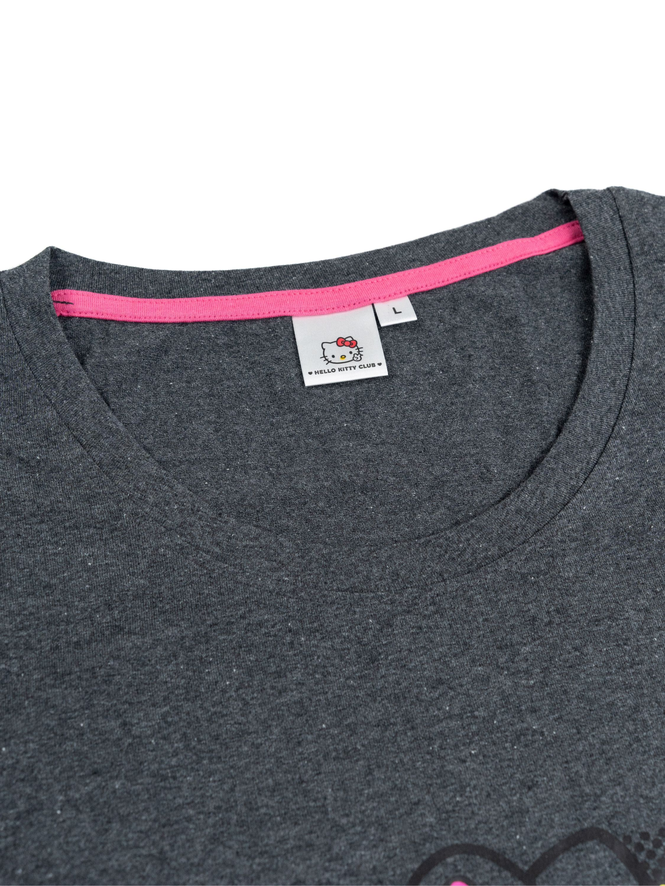 Dunkelgraues T-Shirt mit rosa Saum und Hello Kitty Club Etikett.