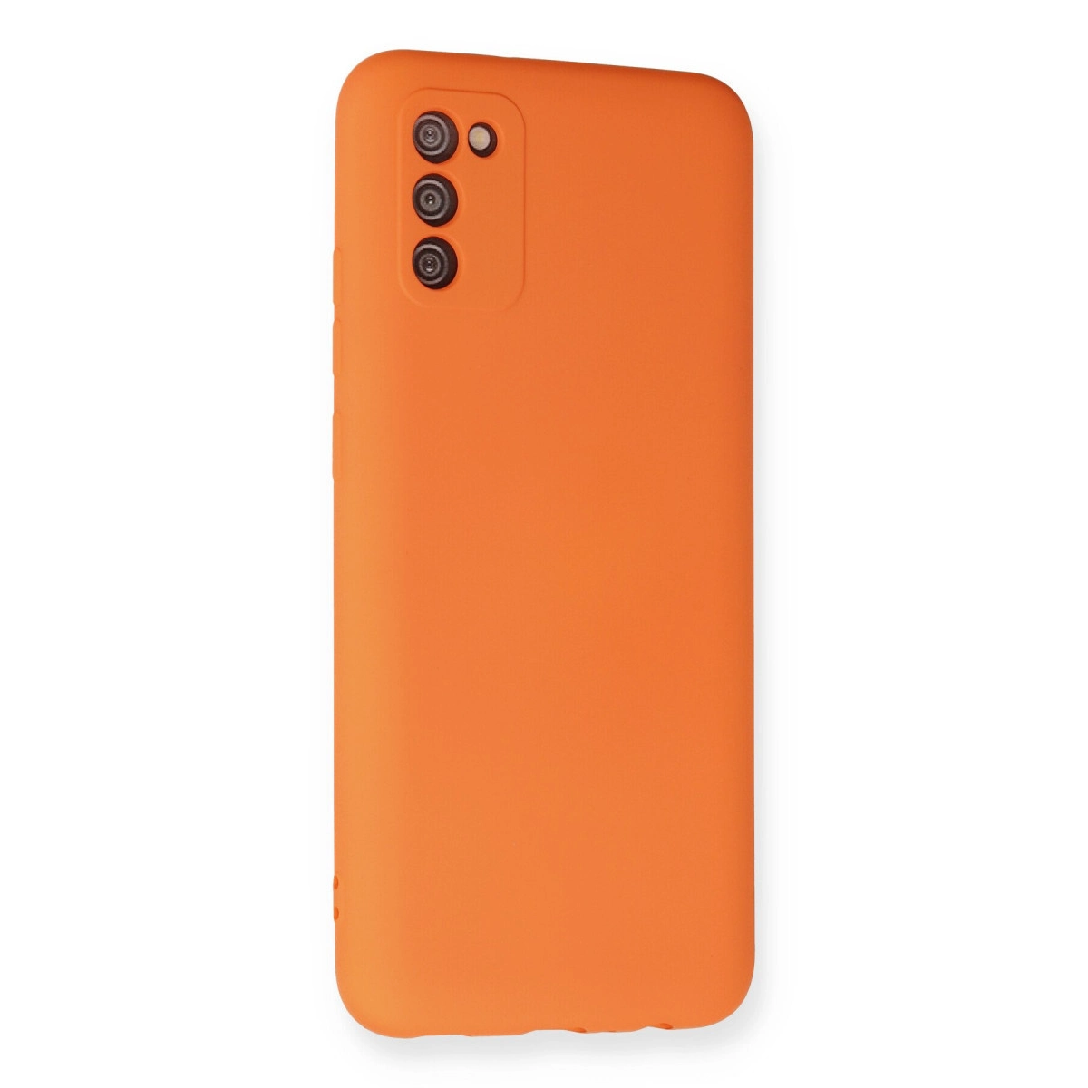 Üç kamera lensi ve flaşı olan parlak turuncu telefon kılıfı.