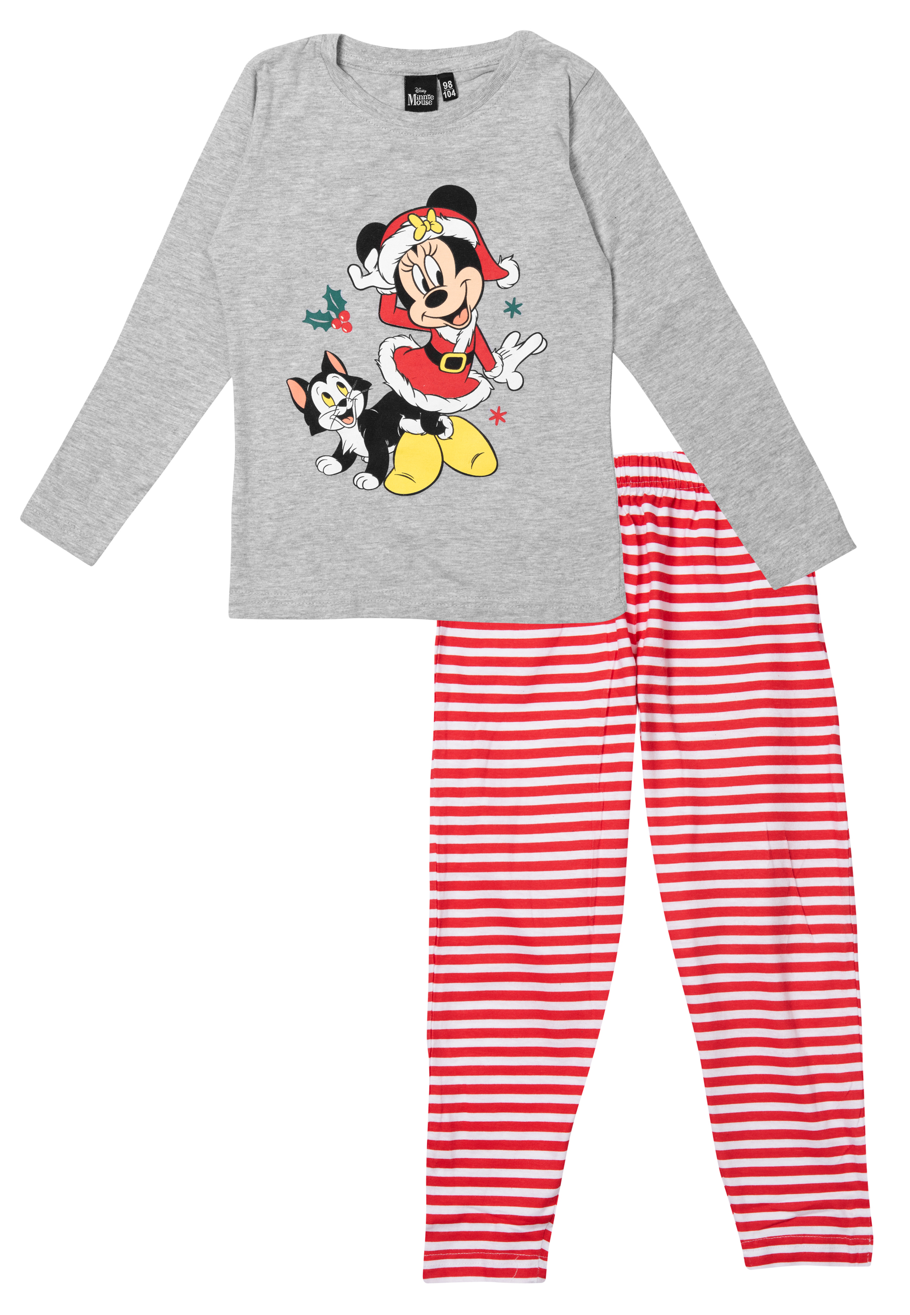 Grauer Pyjama mit Minnie Maus und Katze im Weihnachtsmann-Look, rot-weiße Streifen.