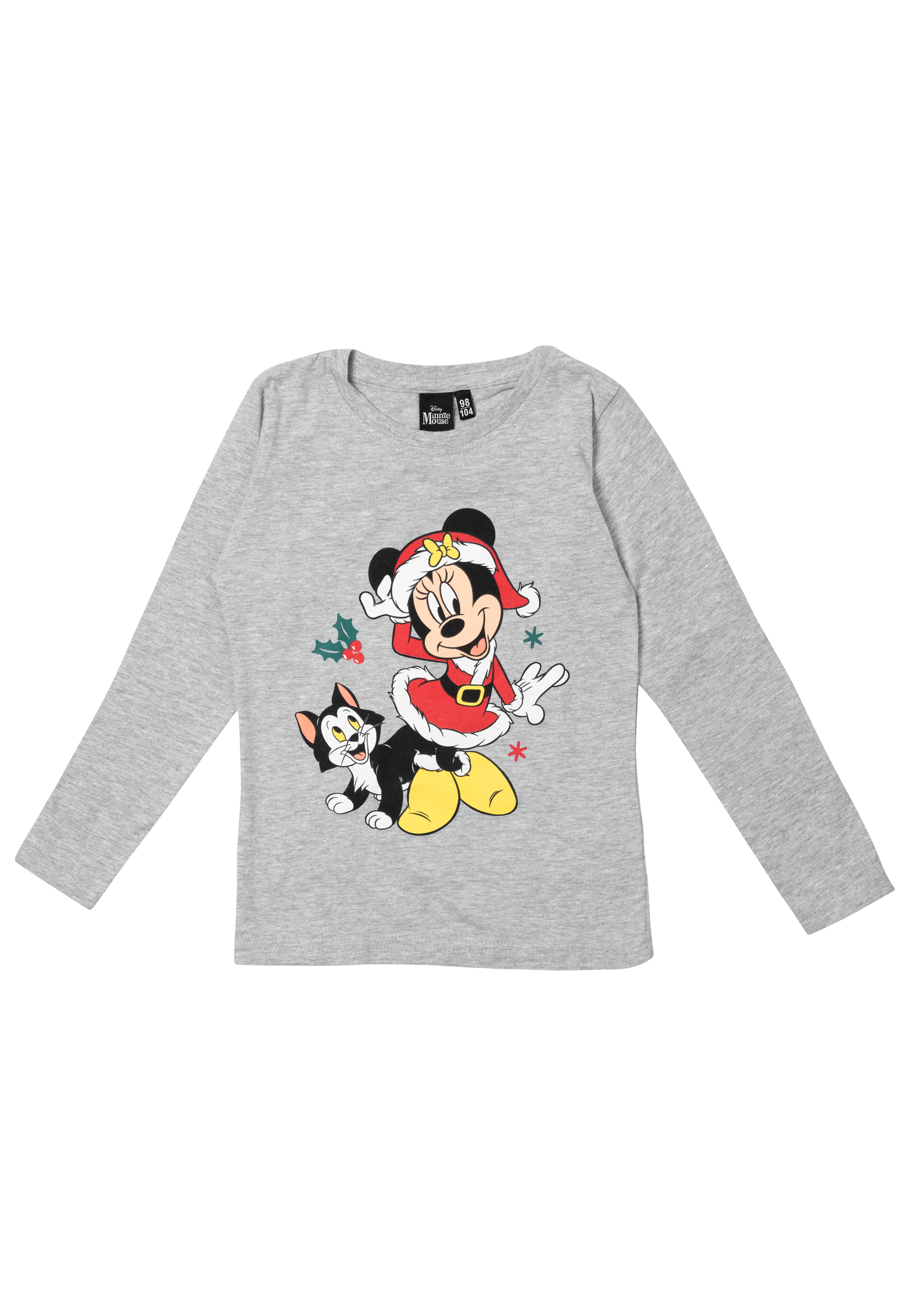 Graues Langarmshirt mit Minnie Maus und Katze im Weihnachtsmann-Look.