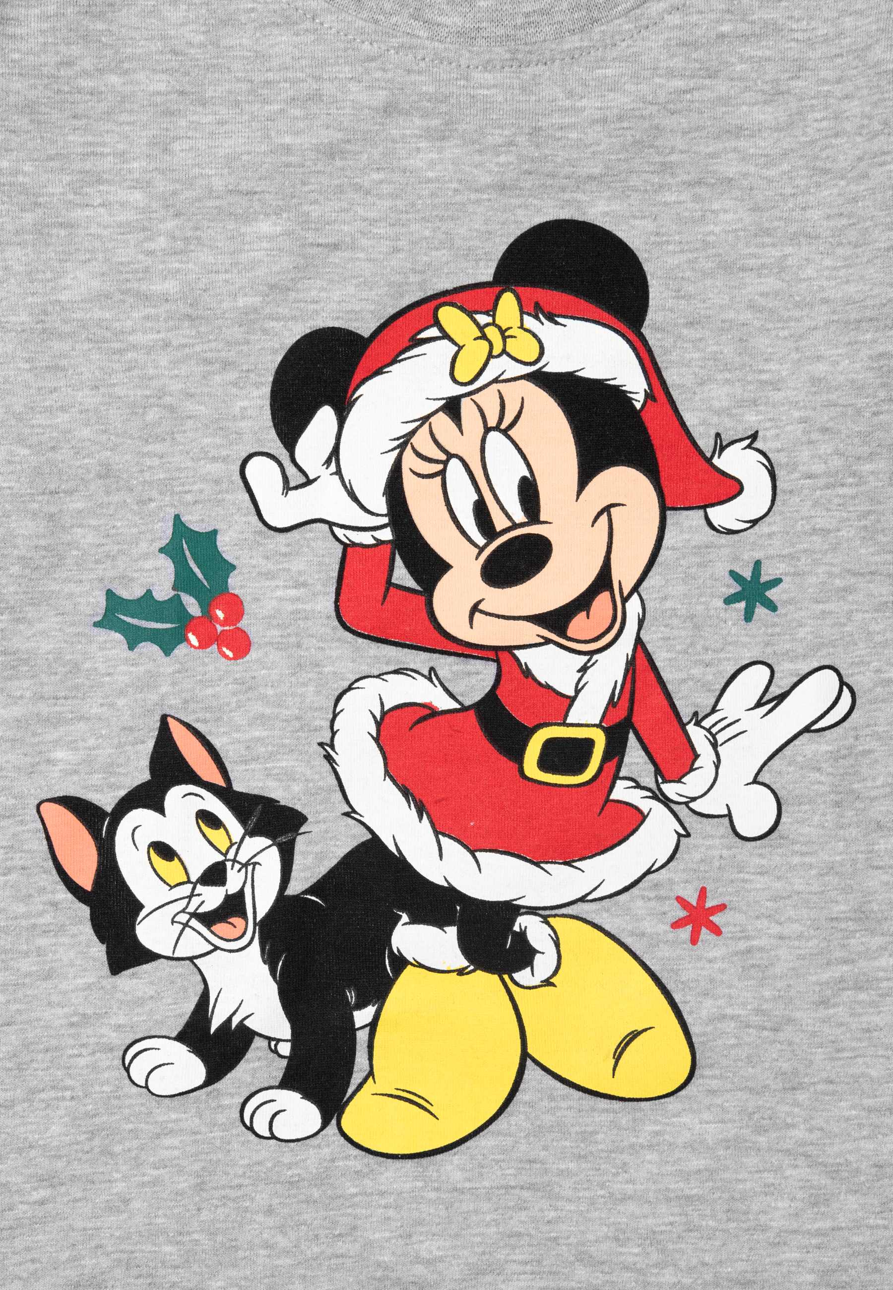 Minnie Maus im Weihnachtskostüm reitet auf einer schwarzen Katze. Weihnachtsdekoration.
