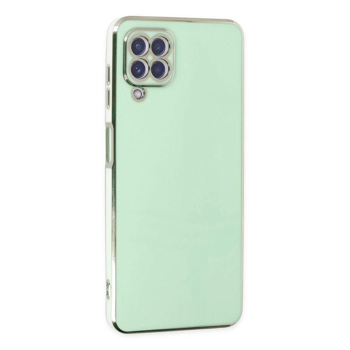 Parlak krom kenarlara ve kare kamera çıkıntısına sahip açık yeşil telefon kılıfı.