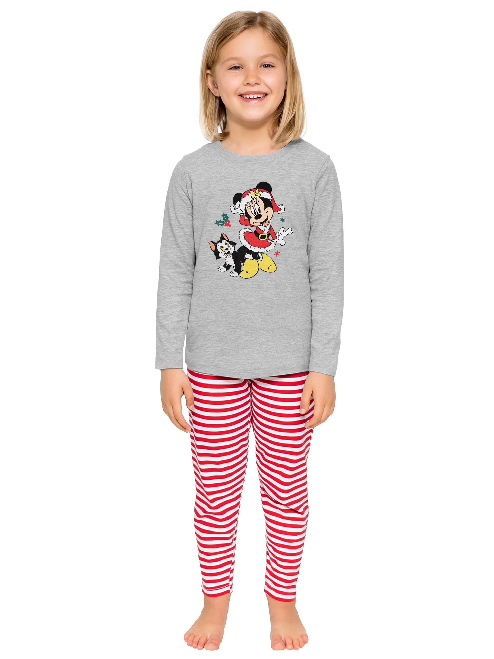 Mädchen in grauem Langarmshirt mit Minnie Maus und Katze, gestreifte Hose.