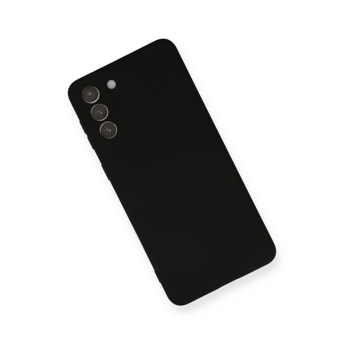 Üç kamera lensi ve flaşa sahip siyah bir akıllı telefonun arkası.