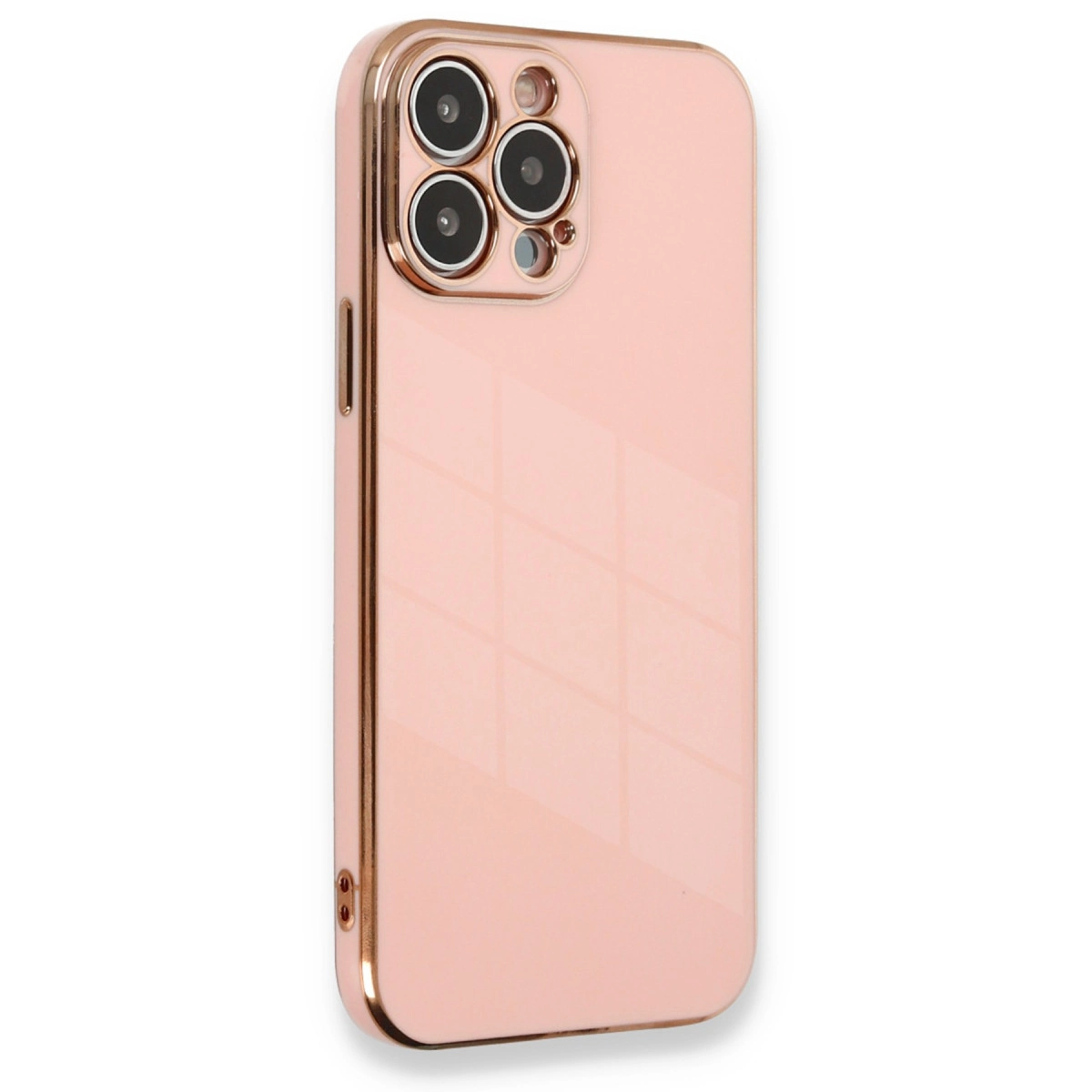 Üç kameralı, altın çerçeveli pembe telefon kılıfı.