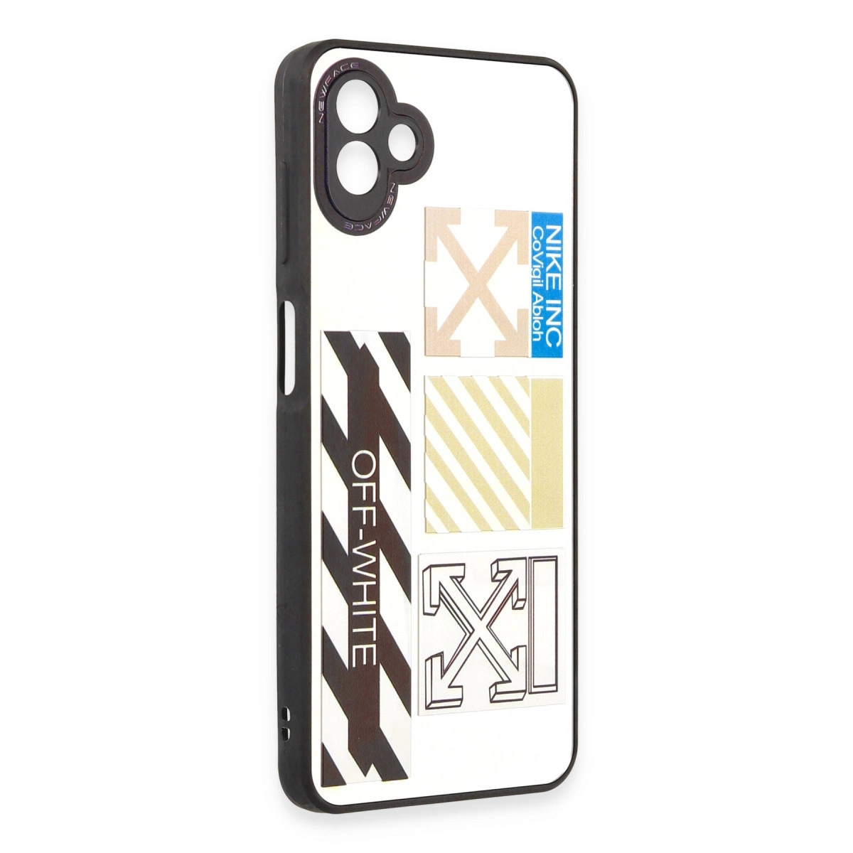 Siyah ve bej ok logoları ve "OFF-WHITE" yazısı olan beyaz telefon kılıfı.