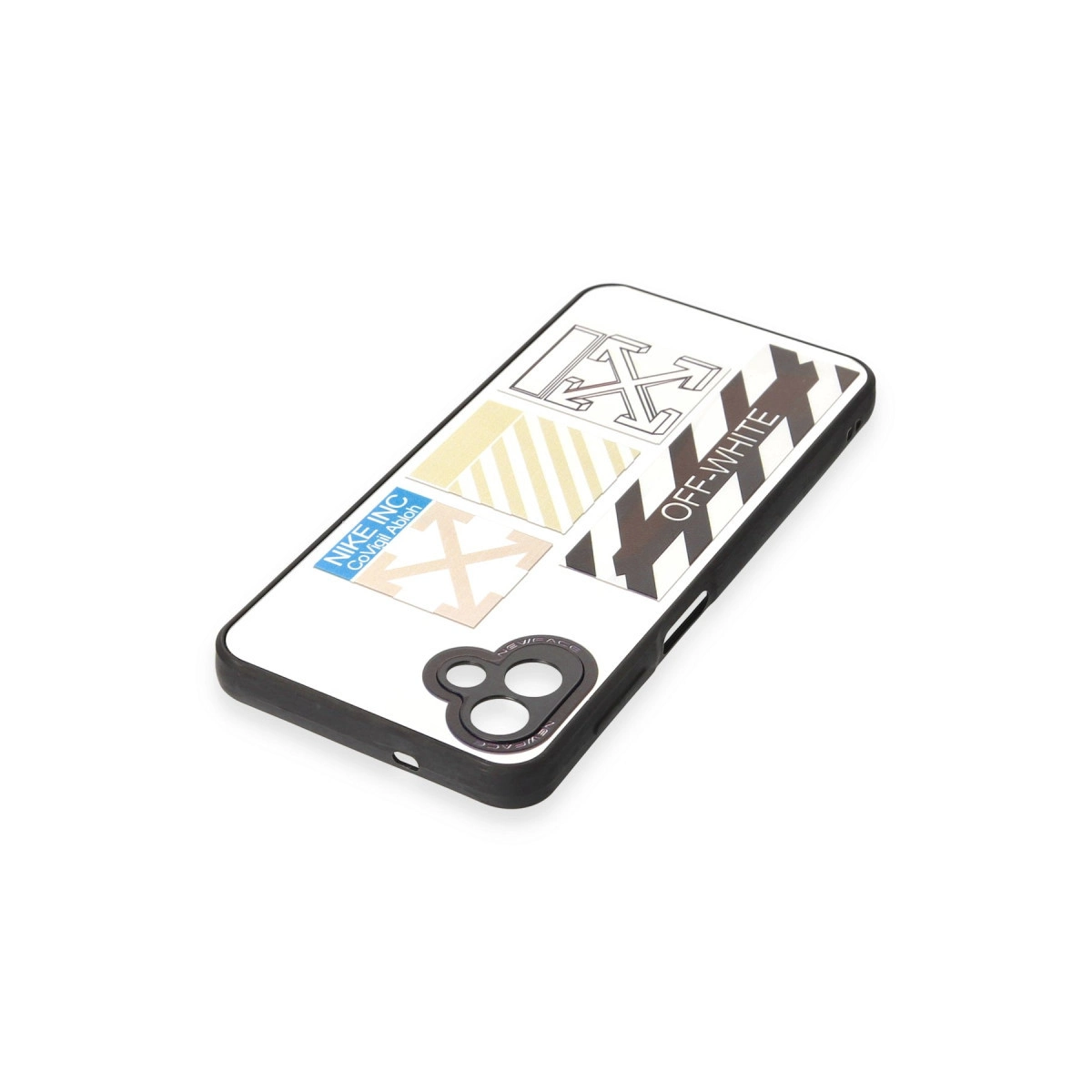 Off-White ve Nike grafikli beyaz telefon kılıfı.