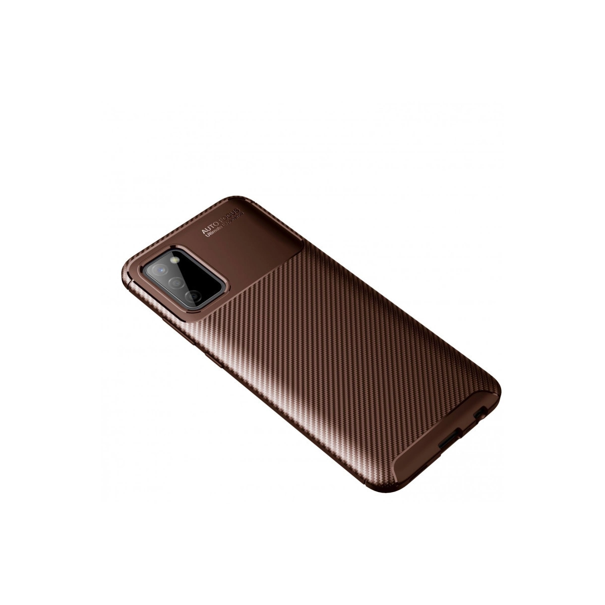 Karbon fiber dokulu, kahverengi telefon kılıfı, kamera açıklığı.