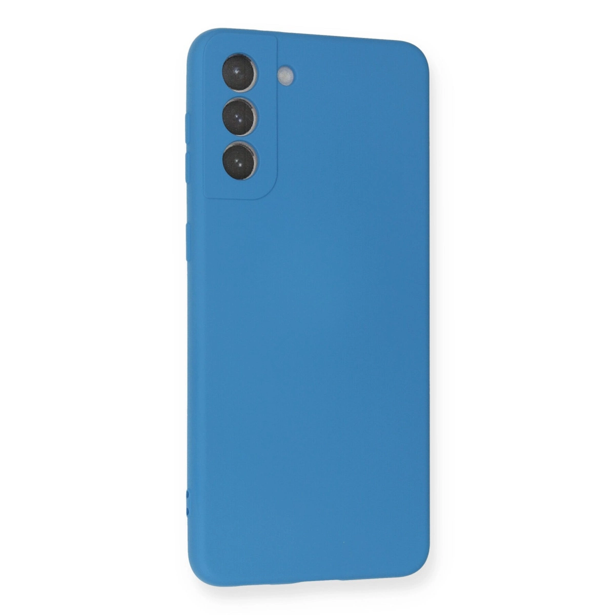 Üç kamera lensi ve flaşlı mavi telefon kılıfının arkası.