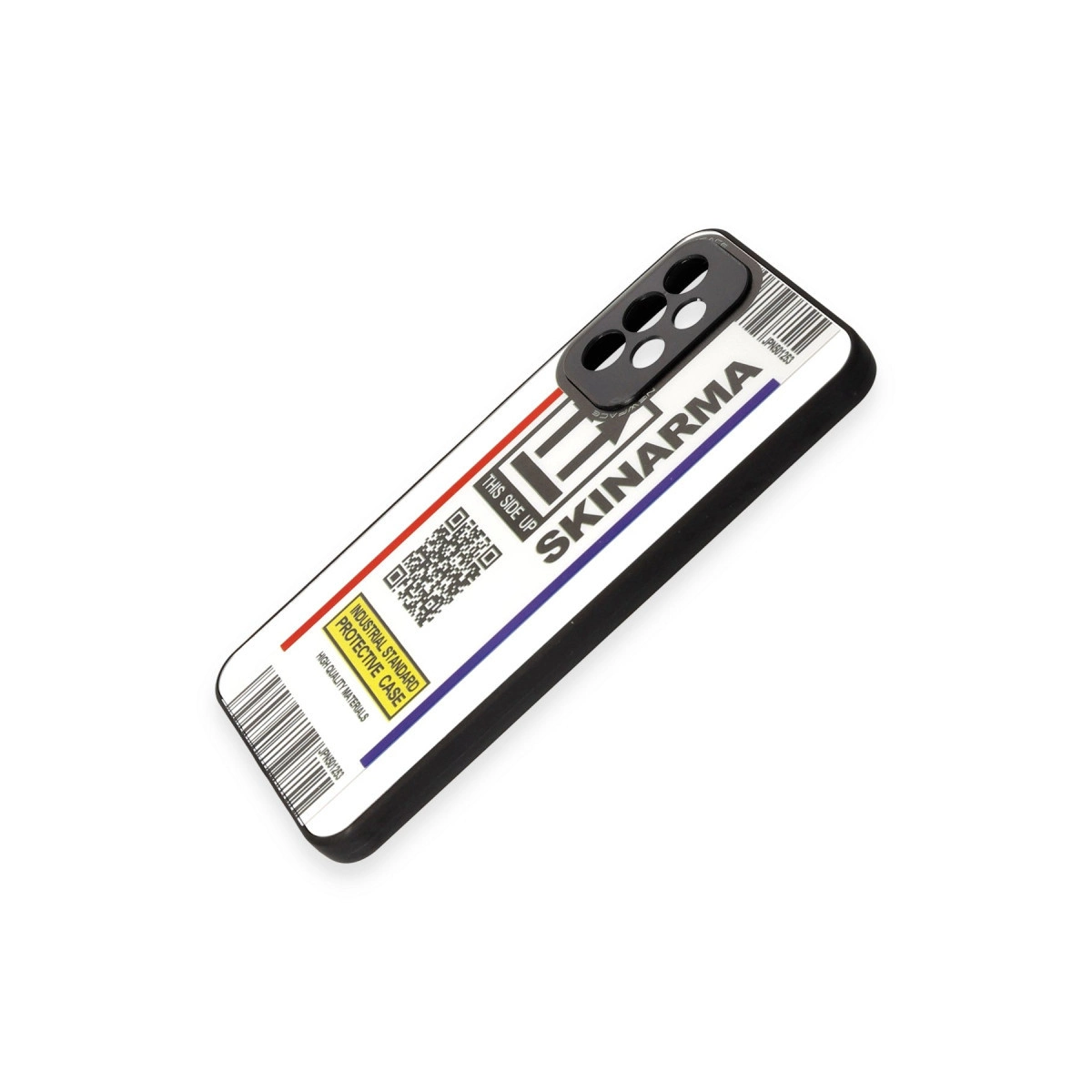 Kırmızı ve mavi çizgili, QR kodlu ve metinli siyah telefon kılıfı.