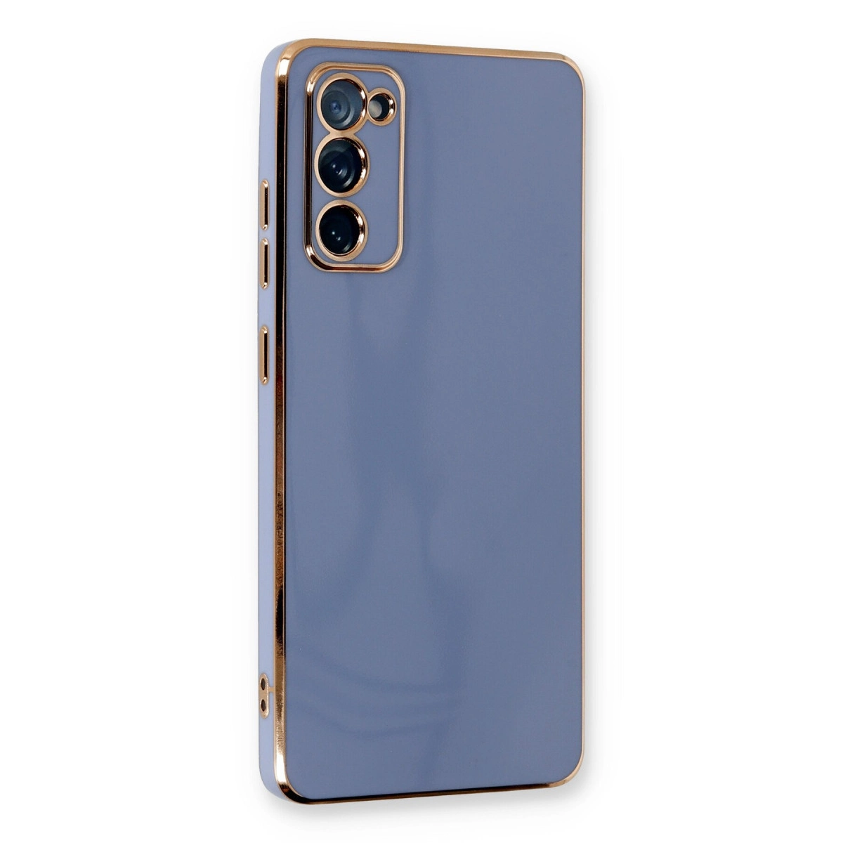 Altın çerçeveli, üç kamera lensli mor telefon kılıfı.