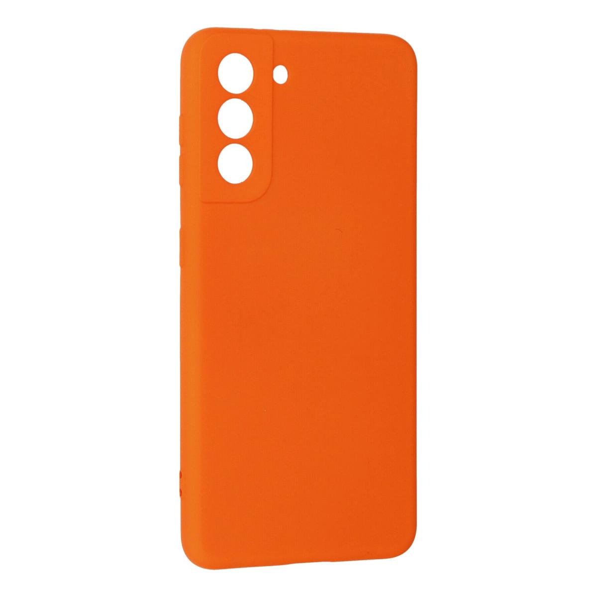 Kamera için üç dairesel kesiğe sahip parlak turuncu telefon kılıfı.
