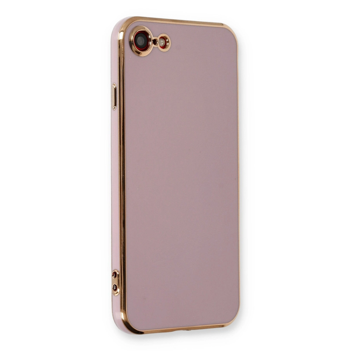 Altın kenarlı ve kamera lensli, leylak rengi telefon kılıfı.