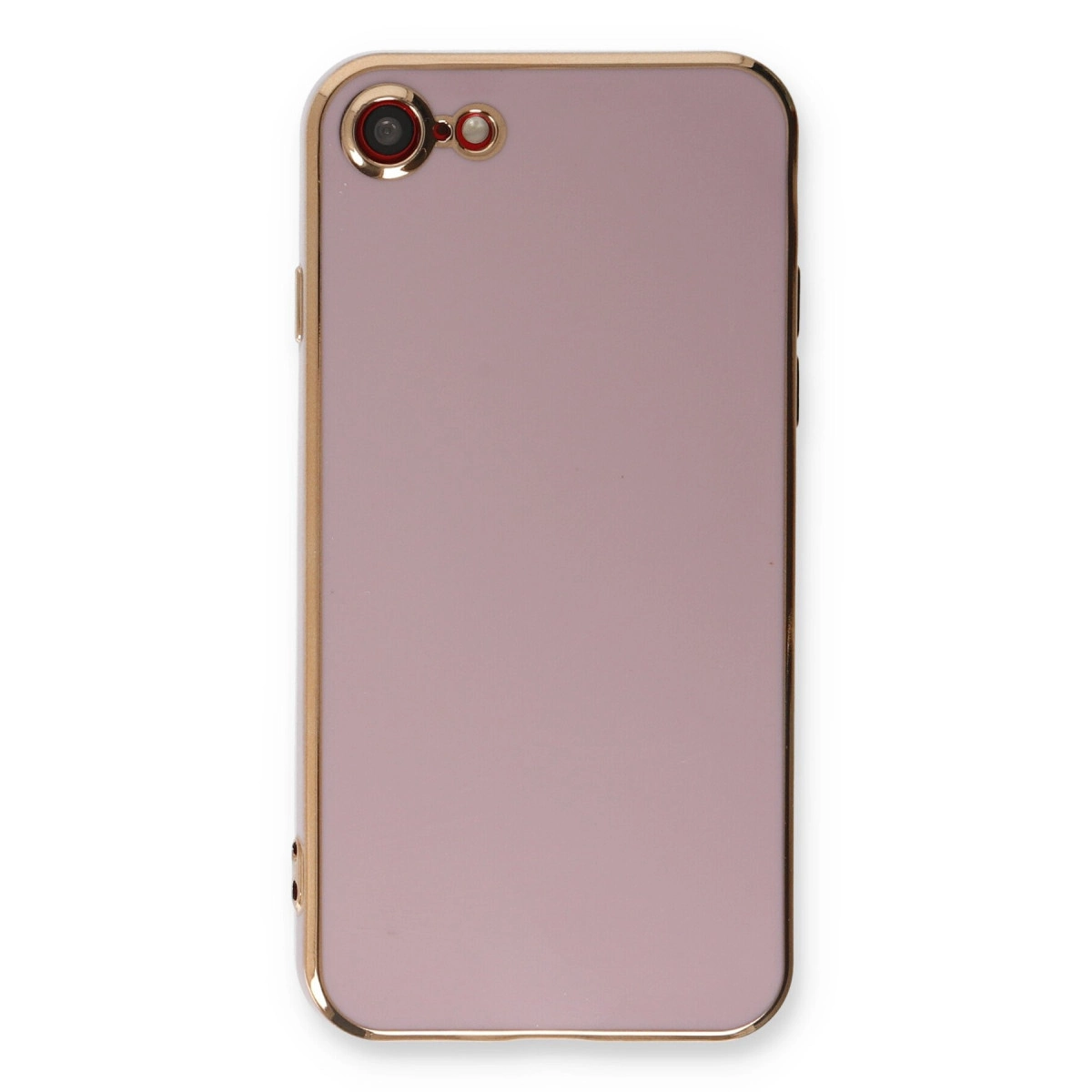 Altın çerçeveli ve kamera kesimli pembe telefon kılıfı.