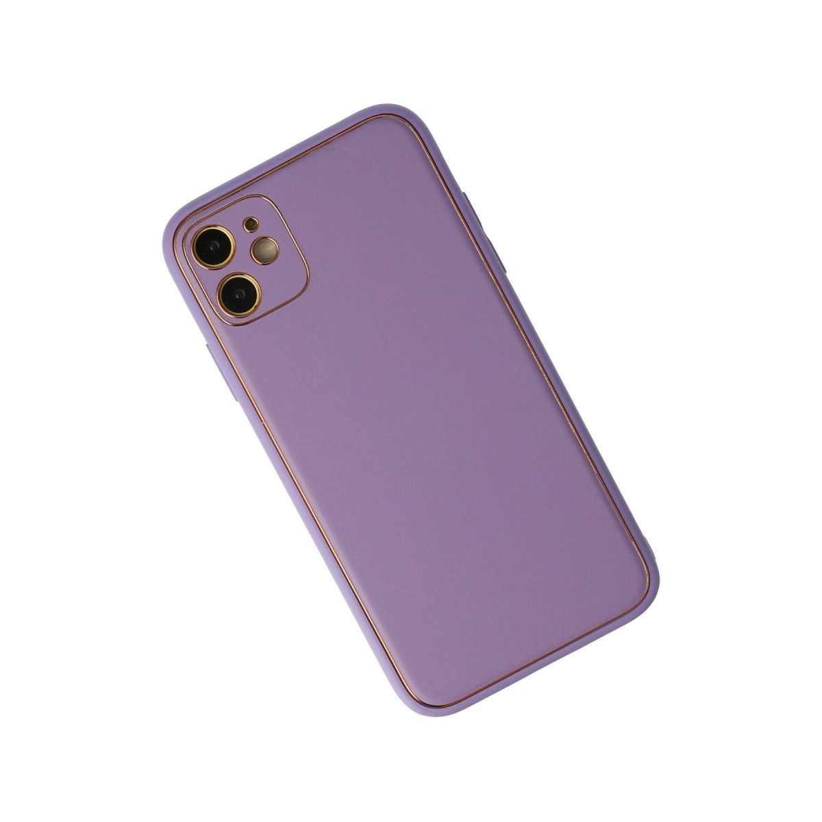 Altın kenarlı ve kamera kesimli mor telefon kılıfı, beyaz arka plan üzerinde.