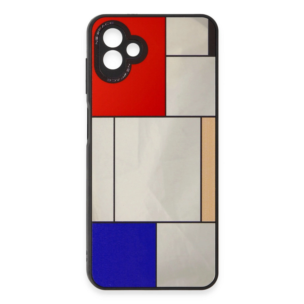Mondrian desenli siyah telefon kılıfı: kırmızı, mavi, bej ve gri.