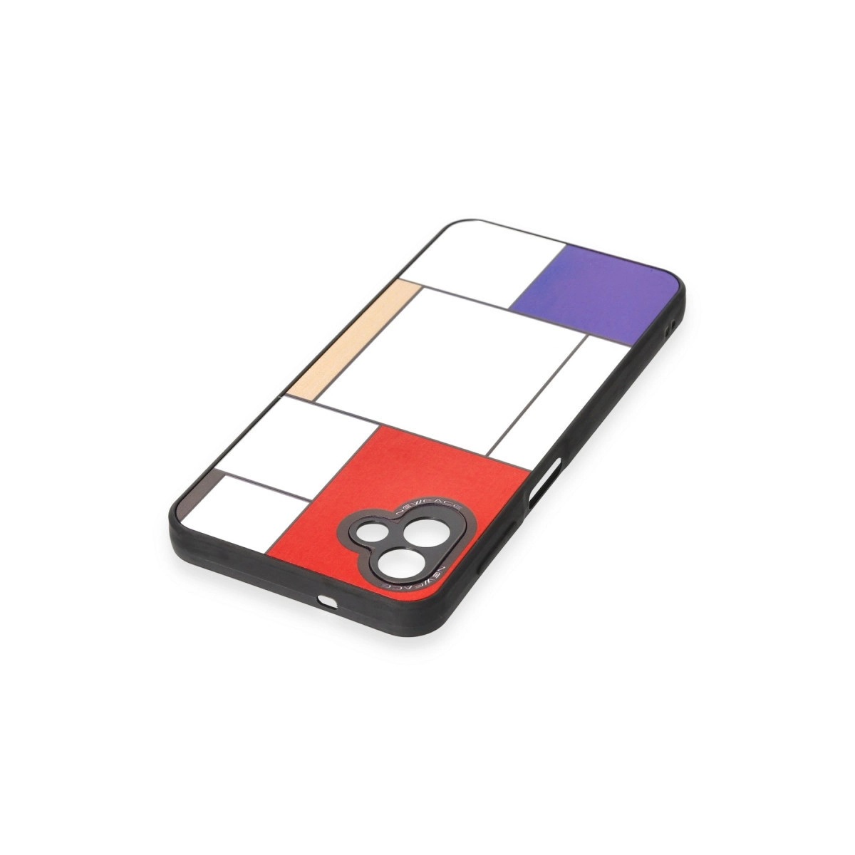 Kırmızı, mavi, bej ve beyaz geometrik desenli siyah telefon kılıfı.