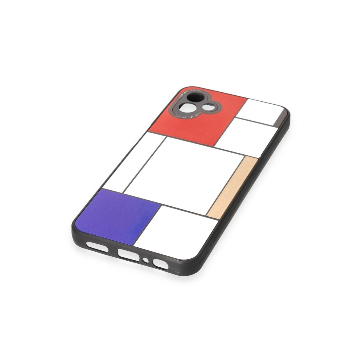 Kırmızı, mavi, beyaz ve sarı Mondrian desenli telefon kılıfı.