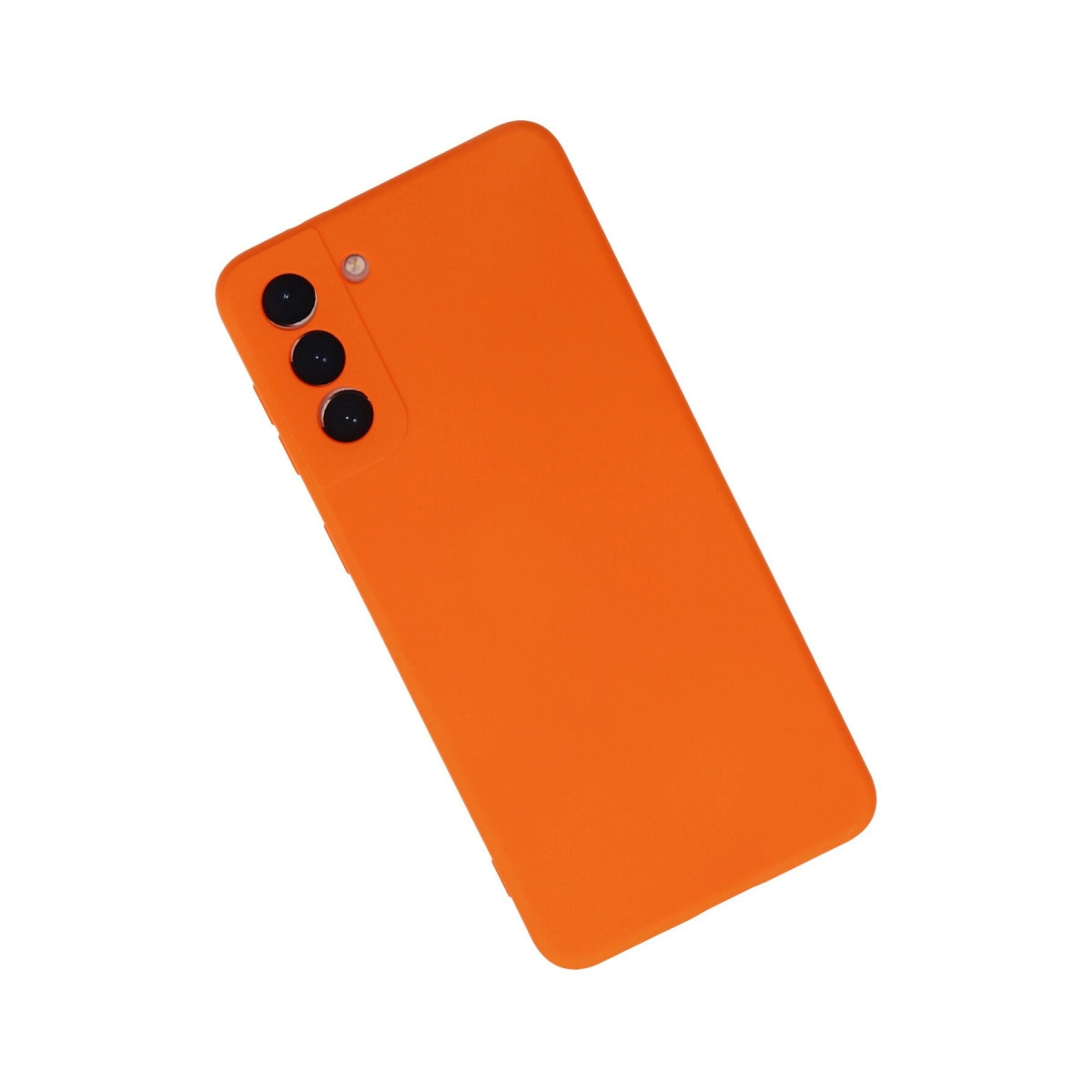 Arkada üç kamera lensi ve flaşlı turuncu telefon kılıfı.