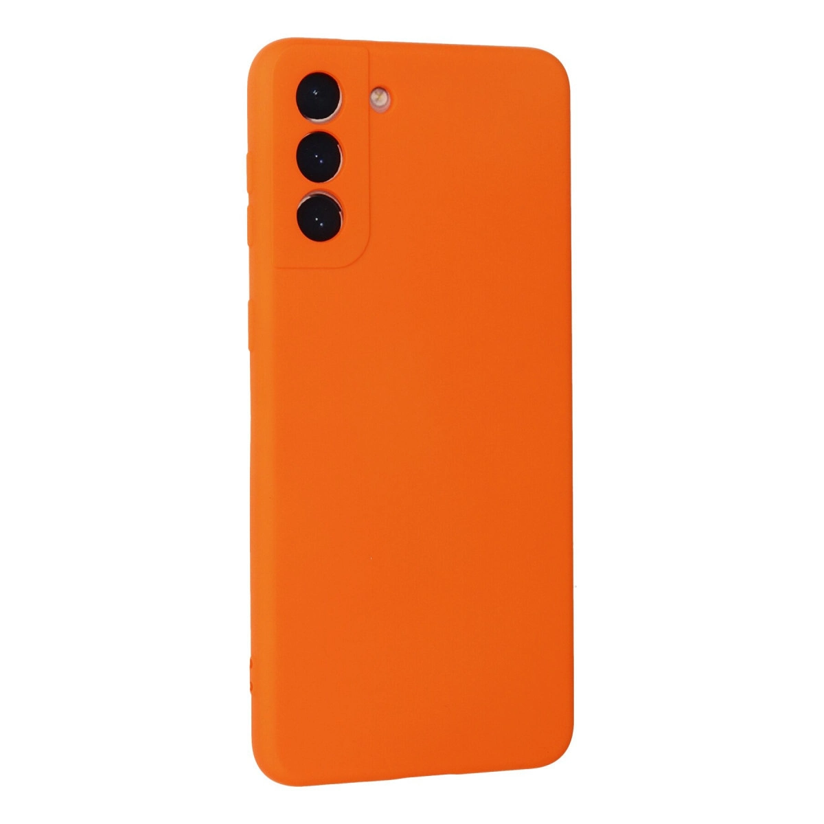 Üç kamera lensli ve flaşlı turuncu telefon kılıfı.