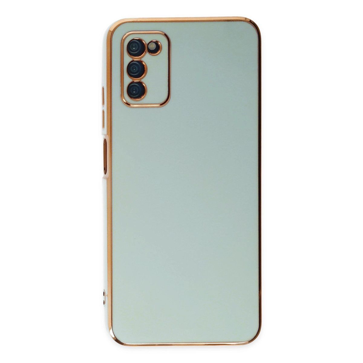 Üçlü kamera modülü ve altın rengi kenarlıklı açık yeşil telefon kılıfı.