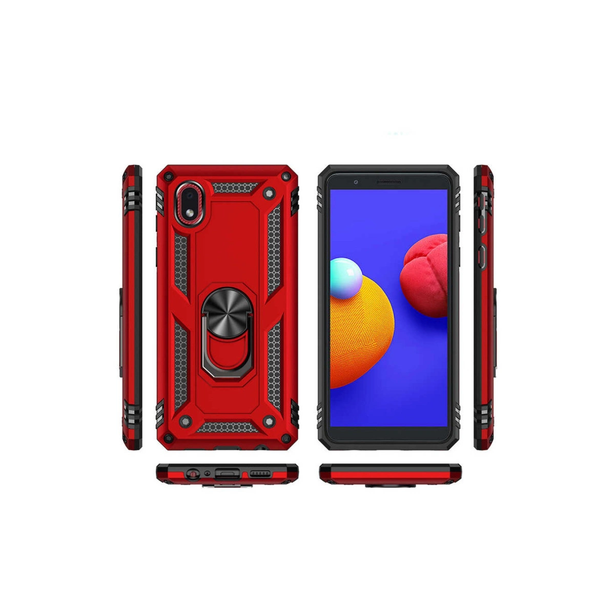 Halka tutuculu kırmızı telefon kılıfı, her açıdan gösterilmiştir.