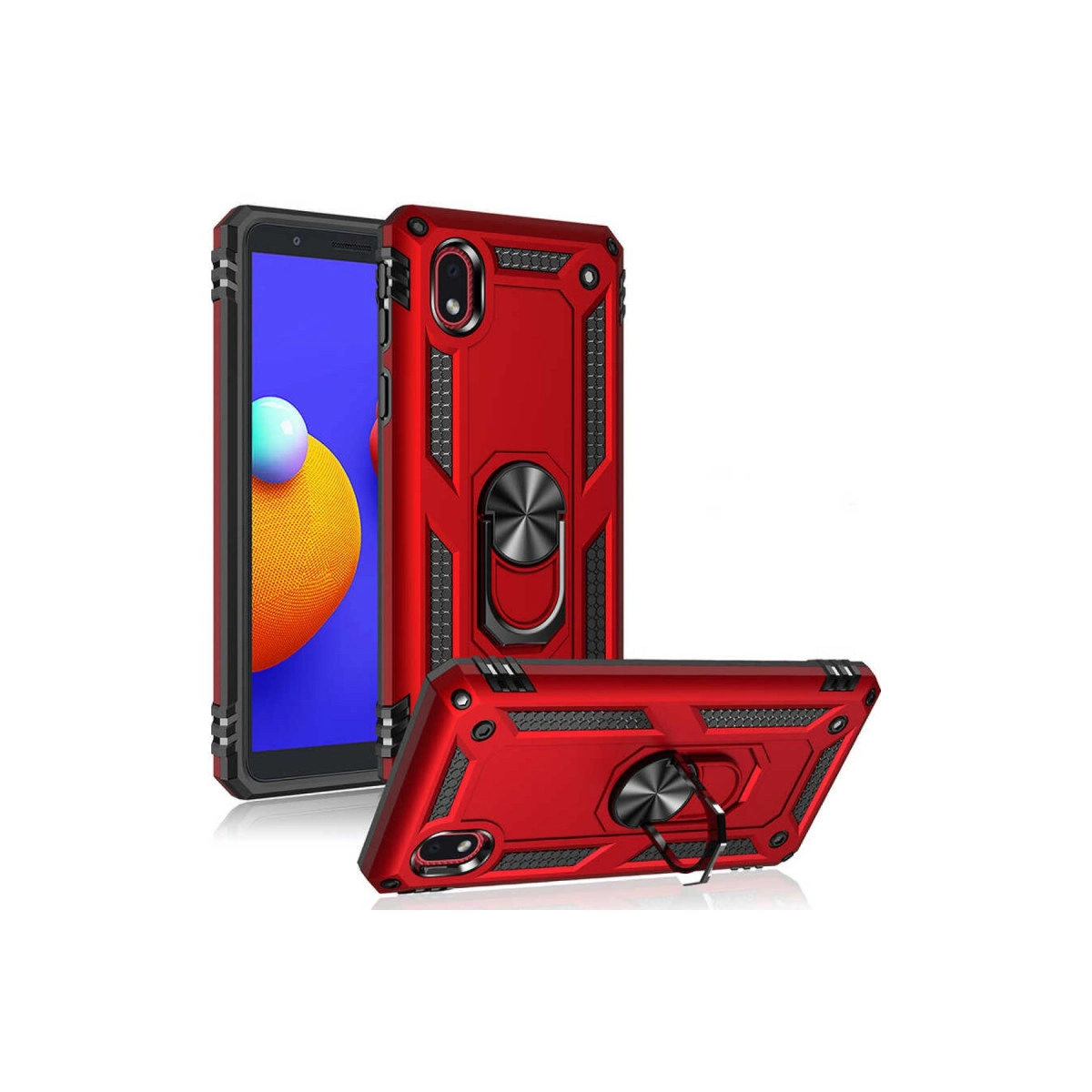 Halkalı yüzük tutuculu iki kırmızı telefon kılıfı, biri ayakta, diğeri yan yatmış.