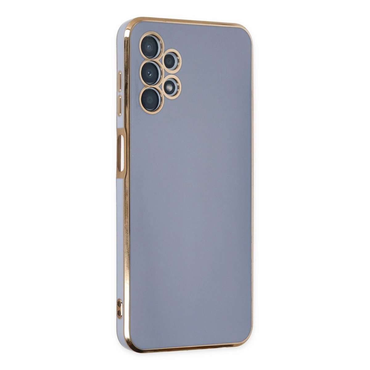Altın kenarlı ve kamera kesimli gri telefon kılıfı.
